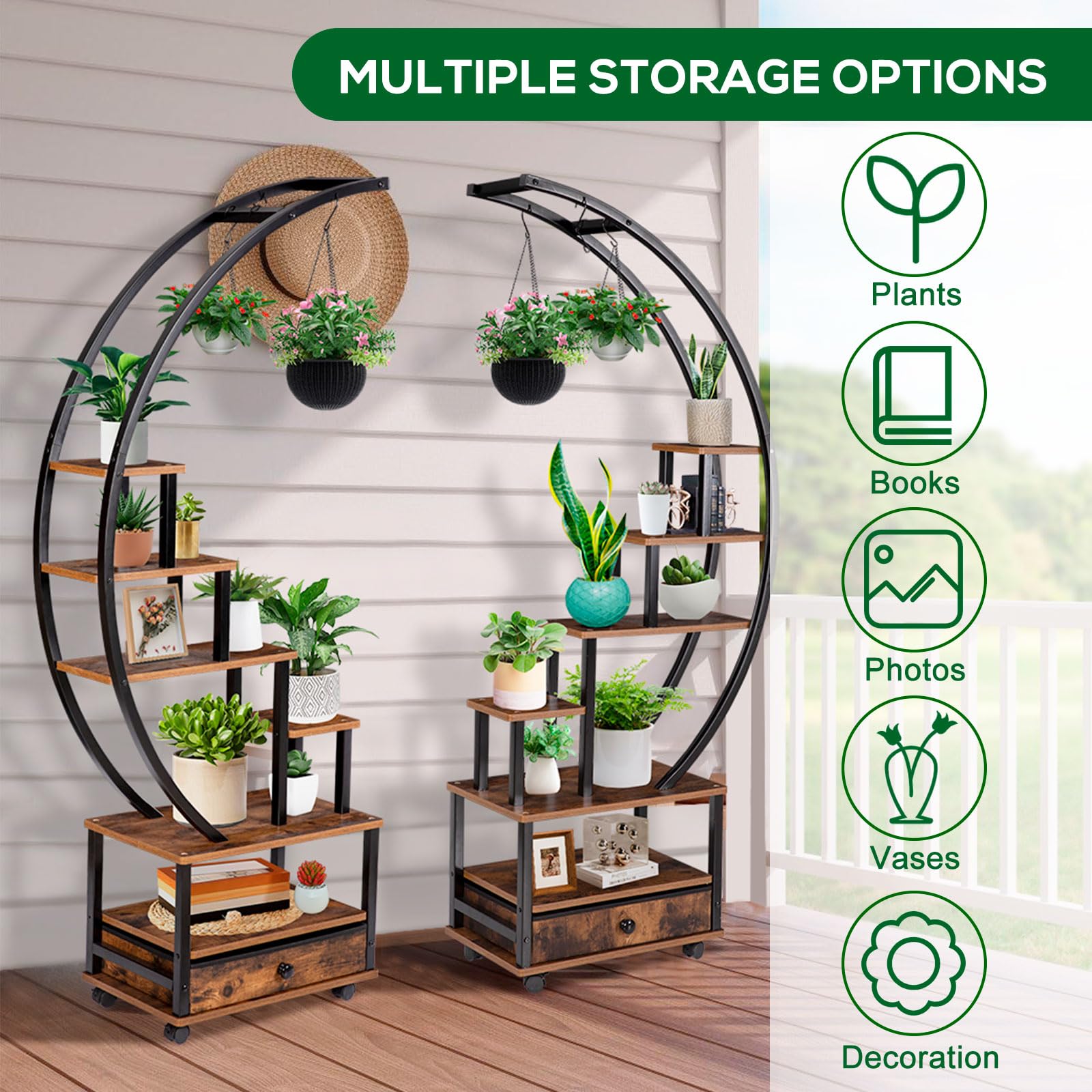 7-Tier Half Moon Plant Stand with Lockable Wheels