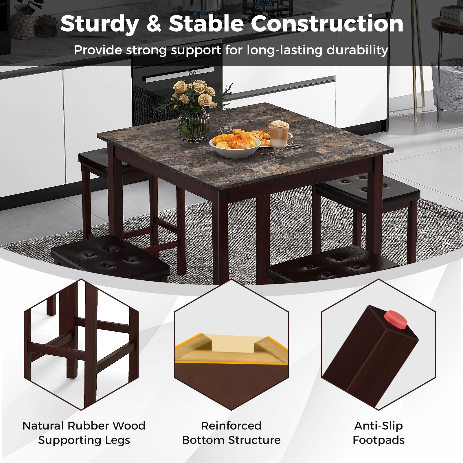 5-Piece Counter-Height Dining Set with Faux Marble Table