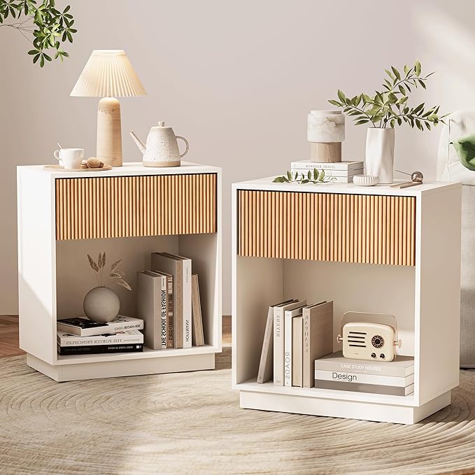 Fluted Nightstands Set of 2 with Drawer and Storage Shelf