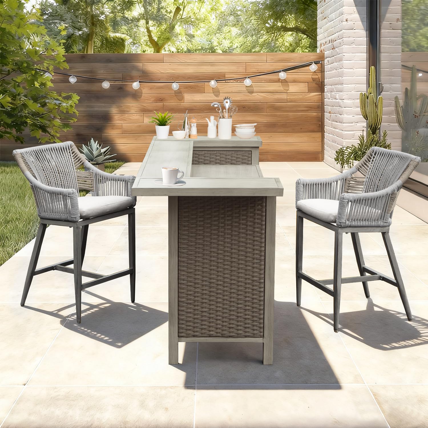 Outdoor Bar Table Set with 2 Stools