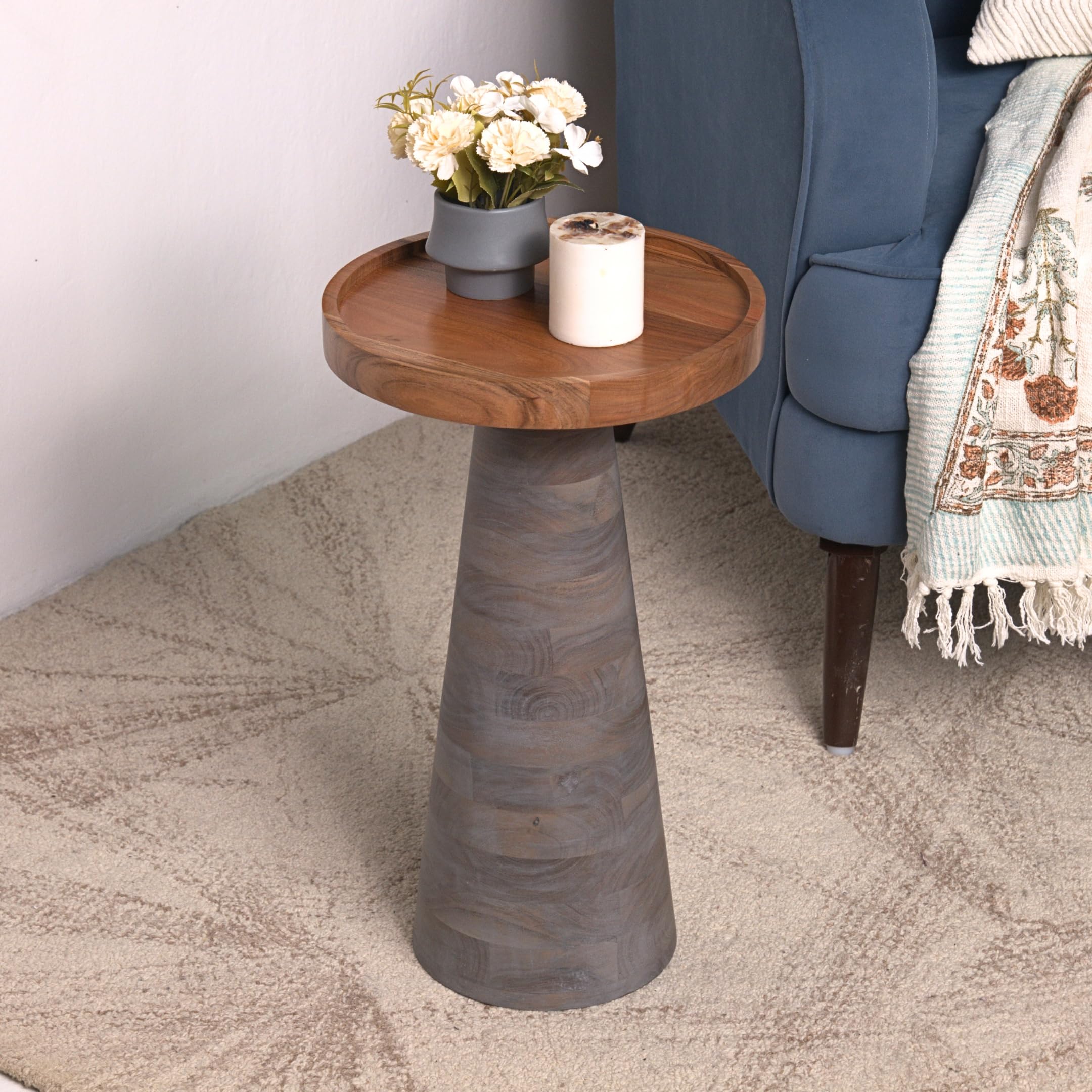 Round Solid Wood End Table with Tray Top