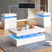 High Gloss LED Coffee Table Set with 2 End Tables and Charging Station