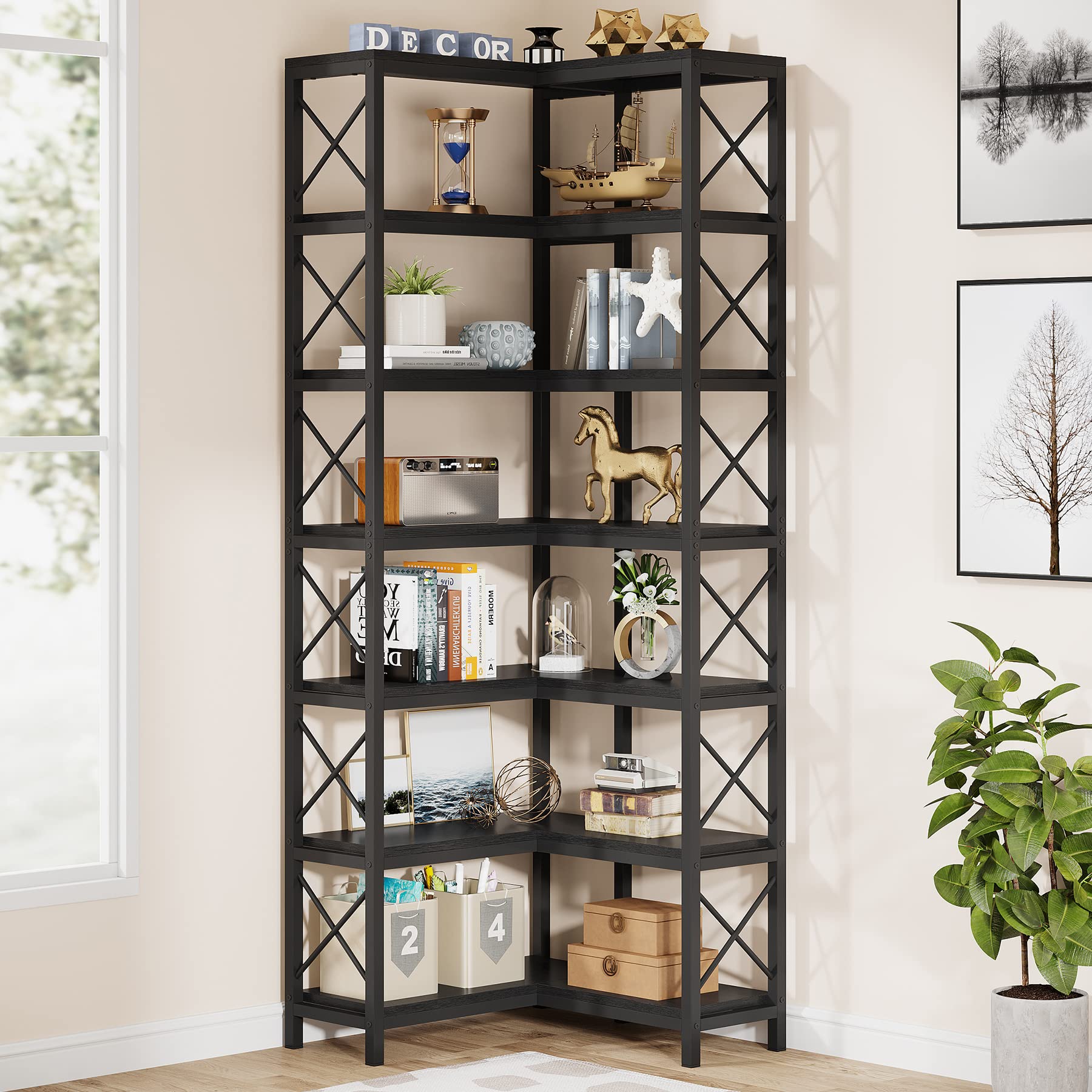 7-Tier Corner Bookshelf with Metal Frame