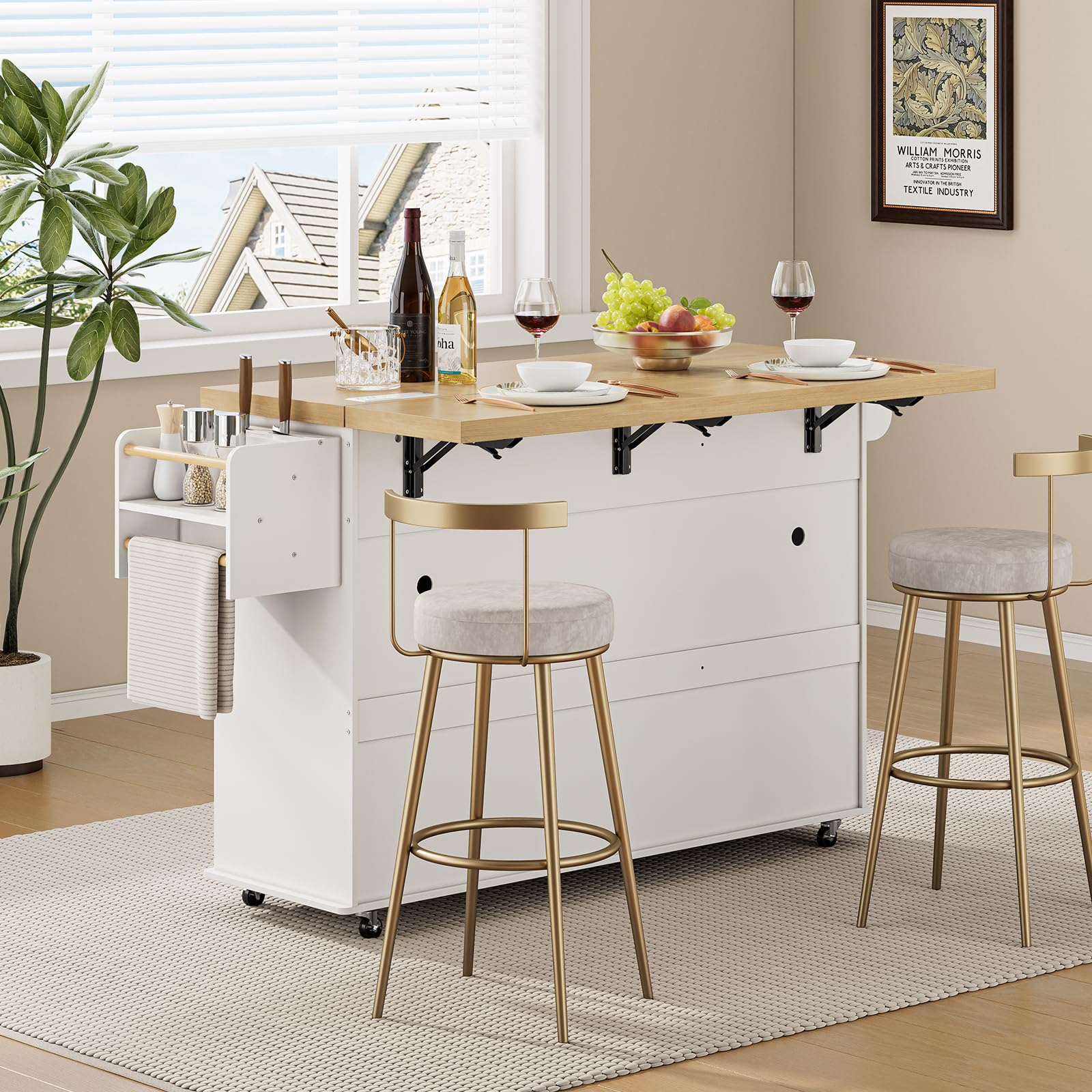 60" Kitchen Island with Power Outlet and Drop Leaf