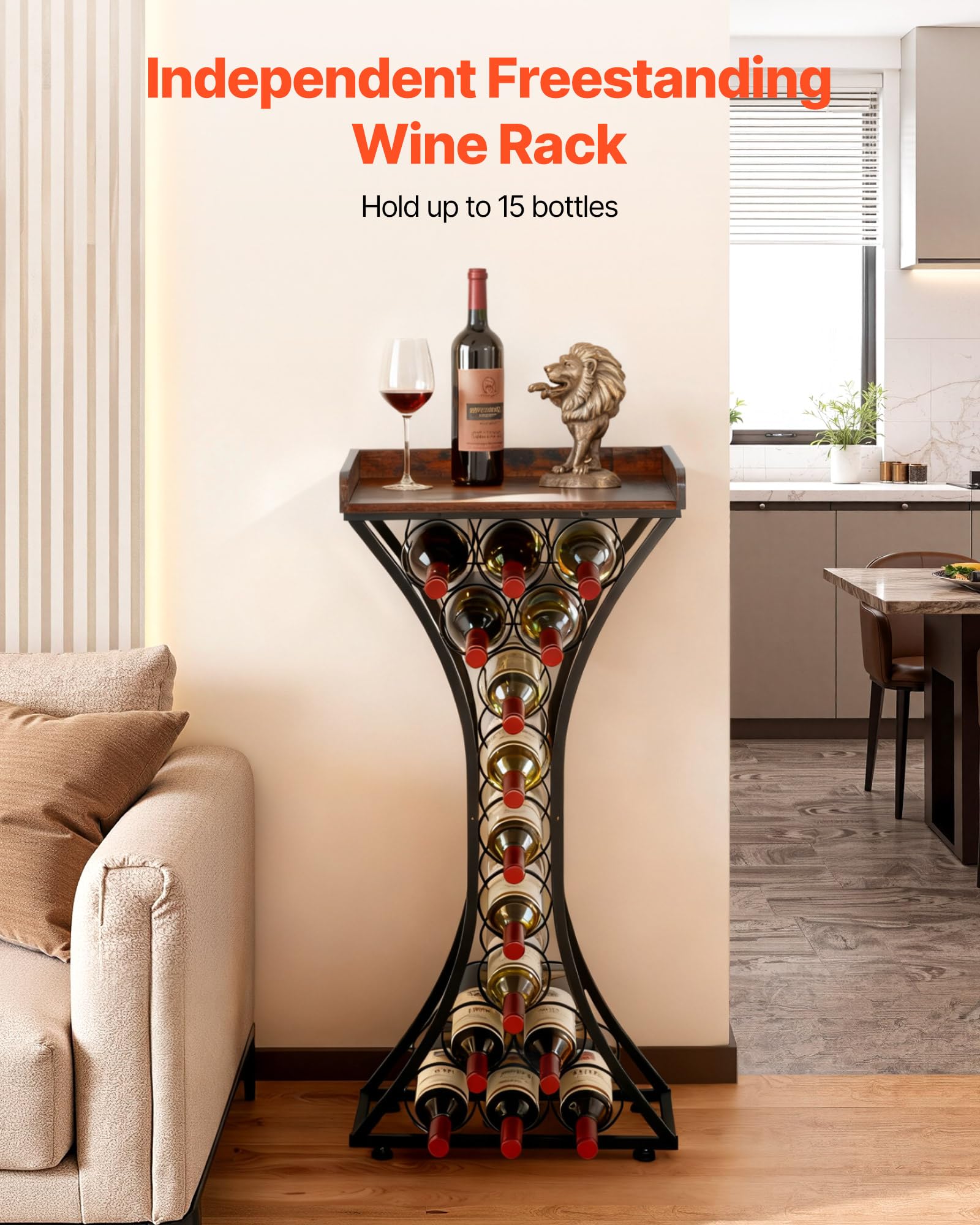 15 Bottle Freestanding Wine Rack with Wood Tabletop