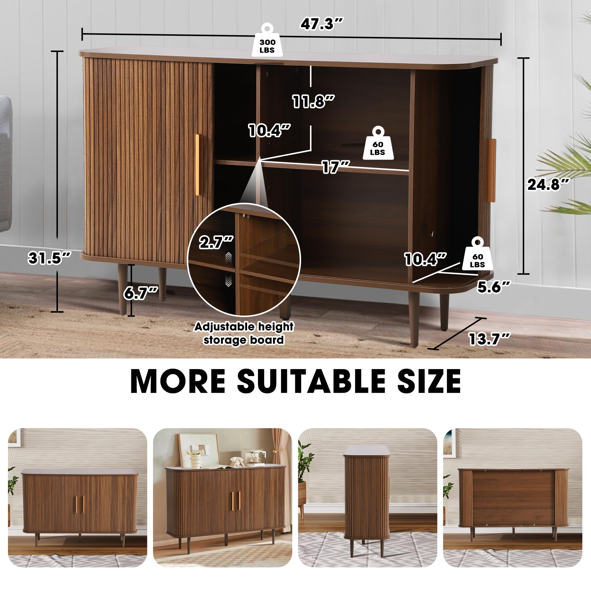 47" Fluted Sideboard Buffet Cabinet with Adjustable Shelves