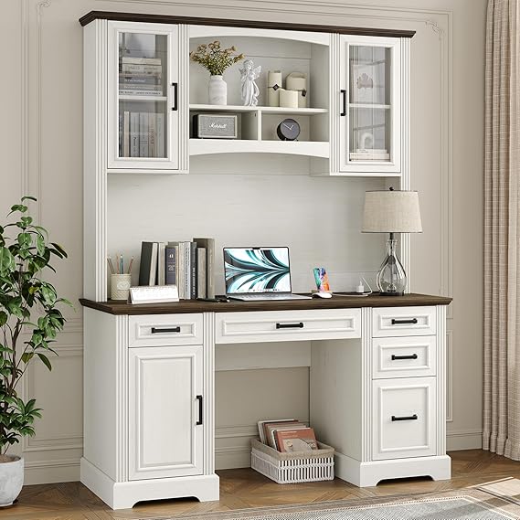 76" Farmhouse Executive Desk with Hutch and Charging Station