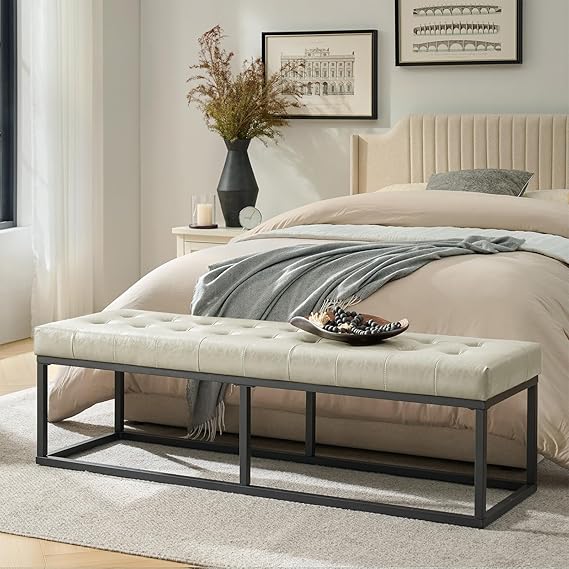 61" Faux Leather Bench with Metal Base