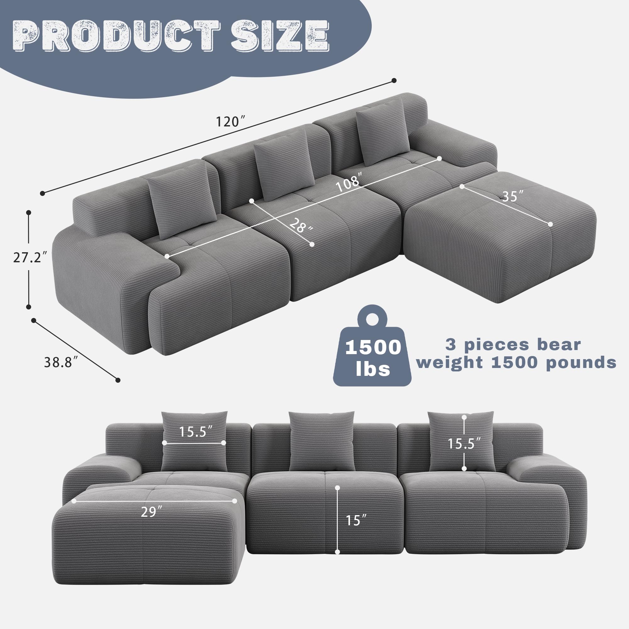 Cloud Modular Sectional Couch 120 Inch L-Shape
