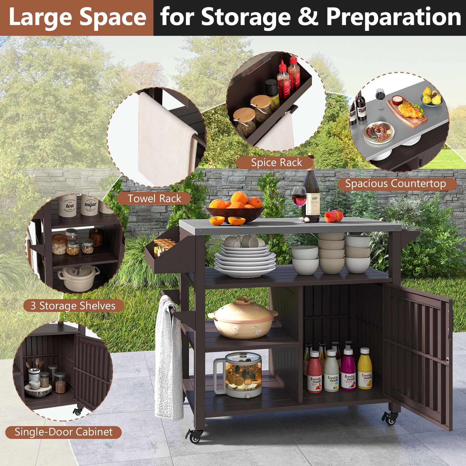 Outdoor Grill Cart with Storage Cabinet and Stainless Steel Top