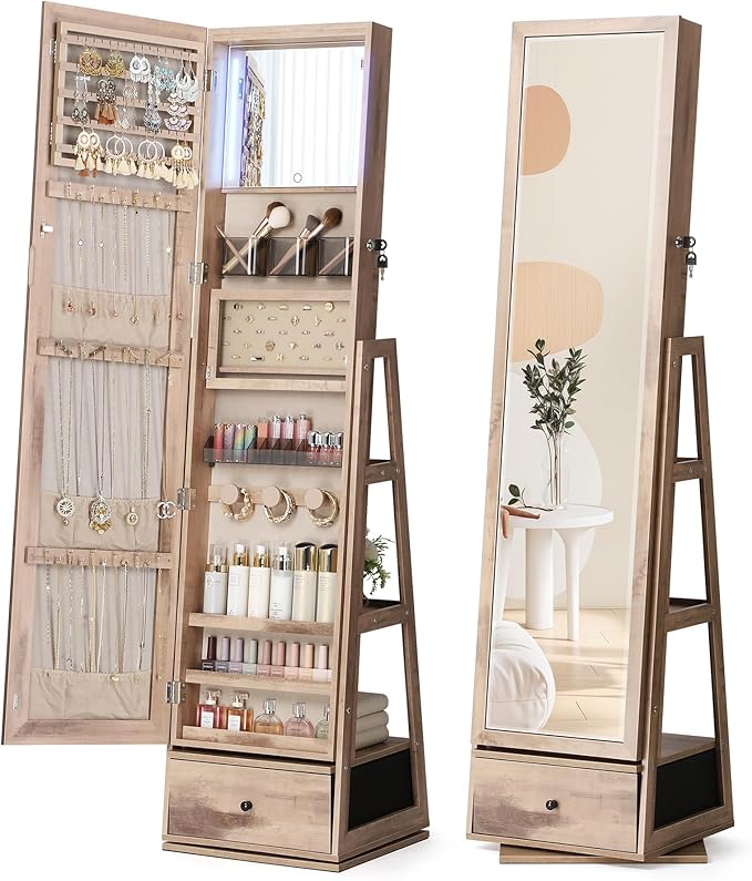 360° Swivel Jewelry Cabinet with Lights and Touch Screen Mirror