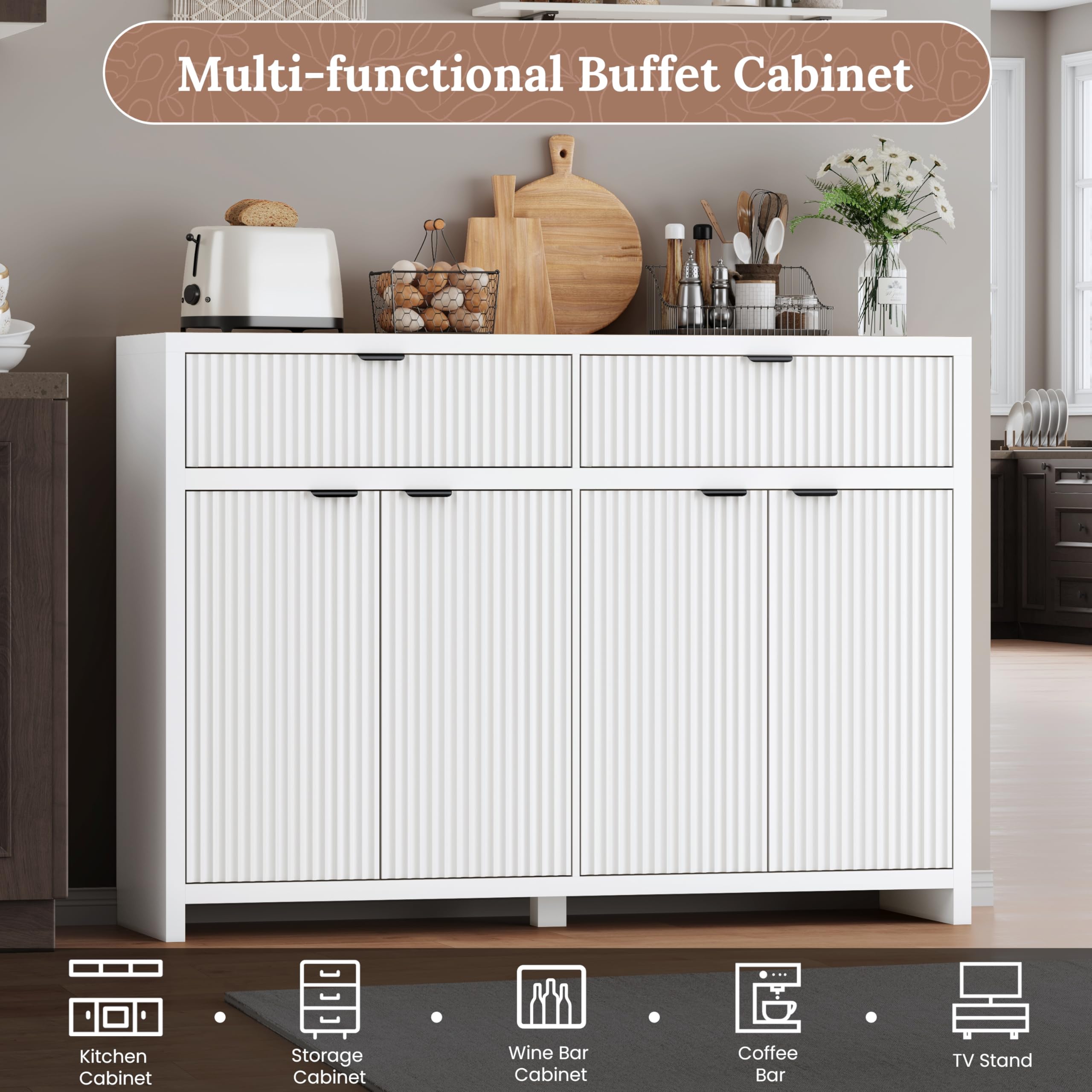 Fluted Sideboard Buffet Cabinet with Storage Drawers