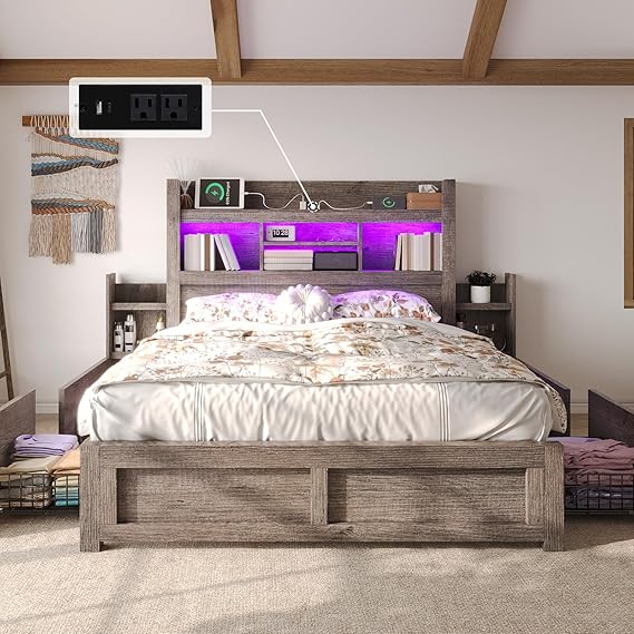 King Bed Frame with Bookcase Headboard and Storage Drawers