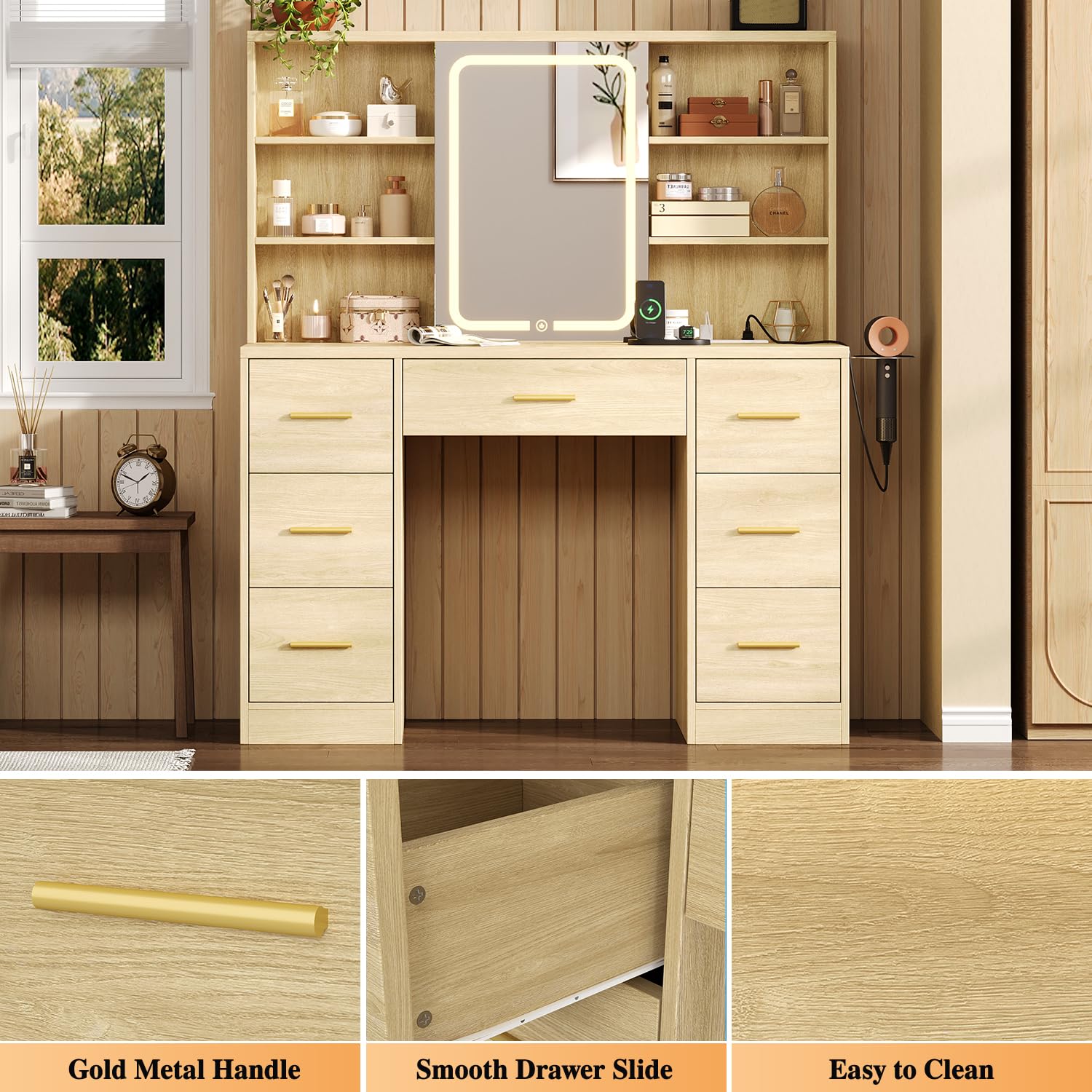 Large Vanity Desk with Mirror and Lights