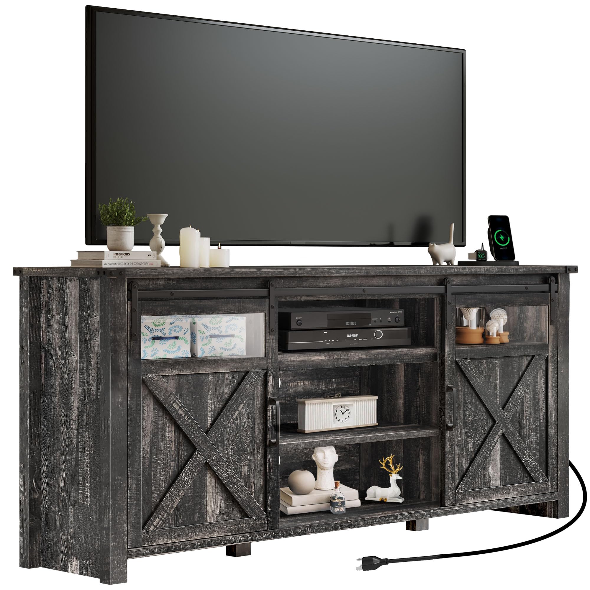 Farmhouse TV Stand for 75 Inch TV with Power Outlets and Sliding Barn Doors