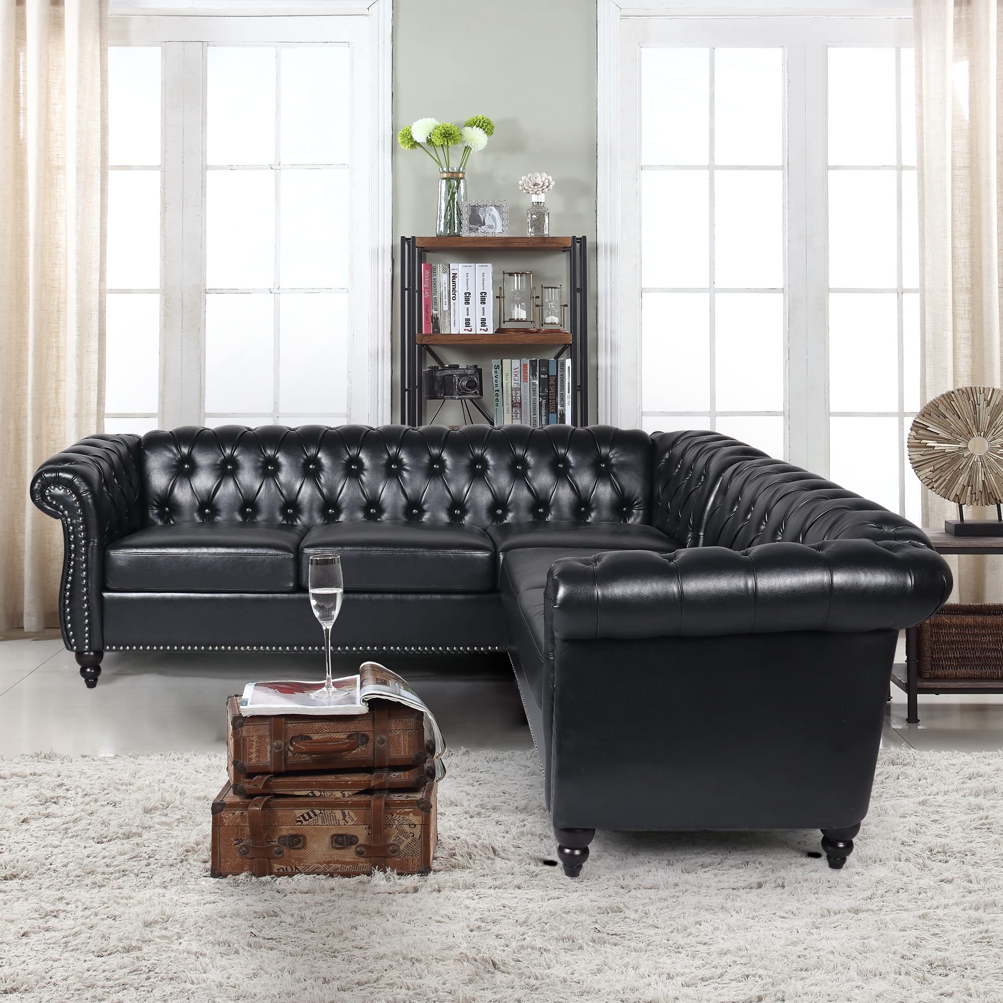 Chesterfield L-Shaped Sectional Sofa 5-Seater Black