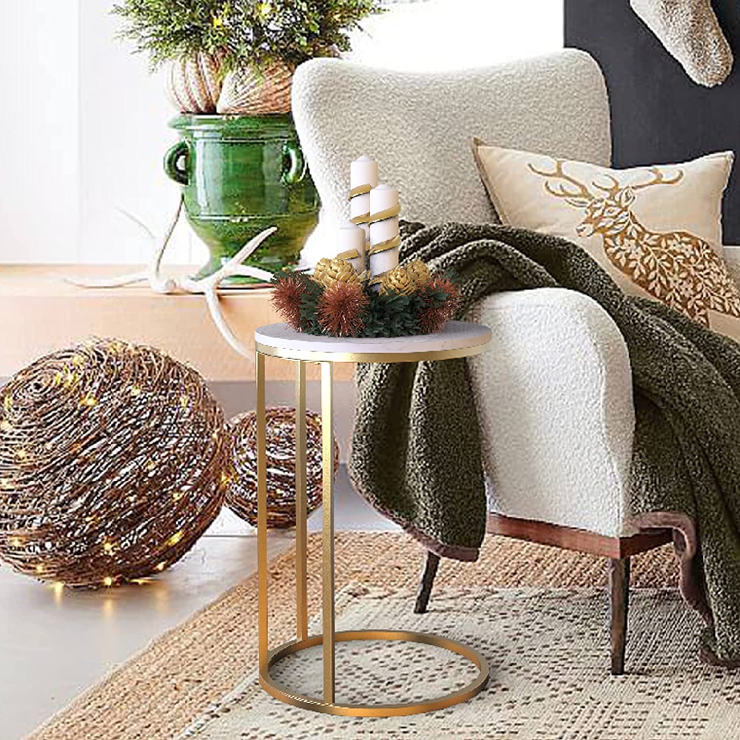 C-Shaped Marble End Table with Gold Frame