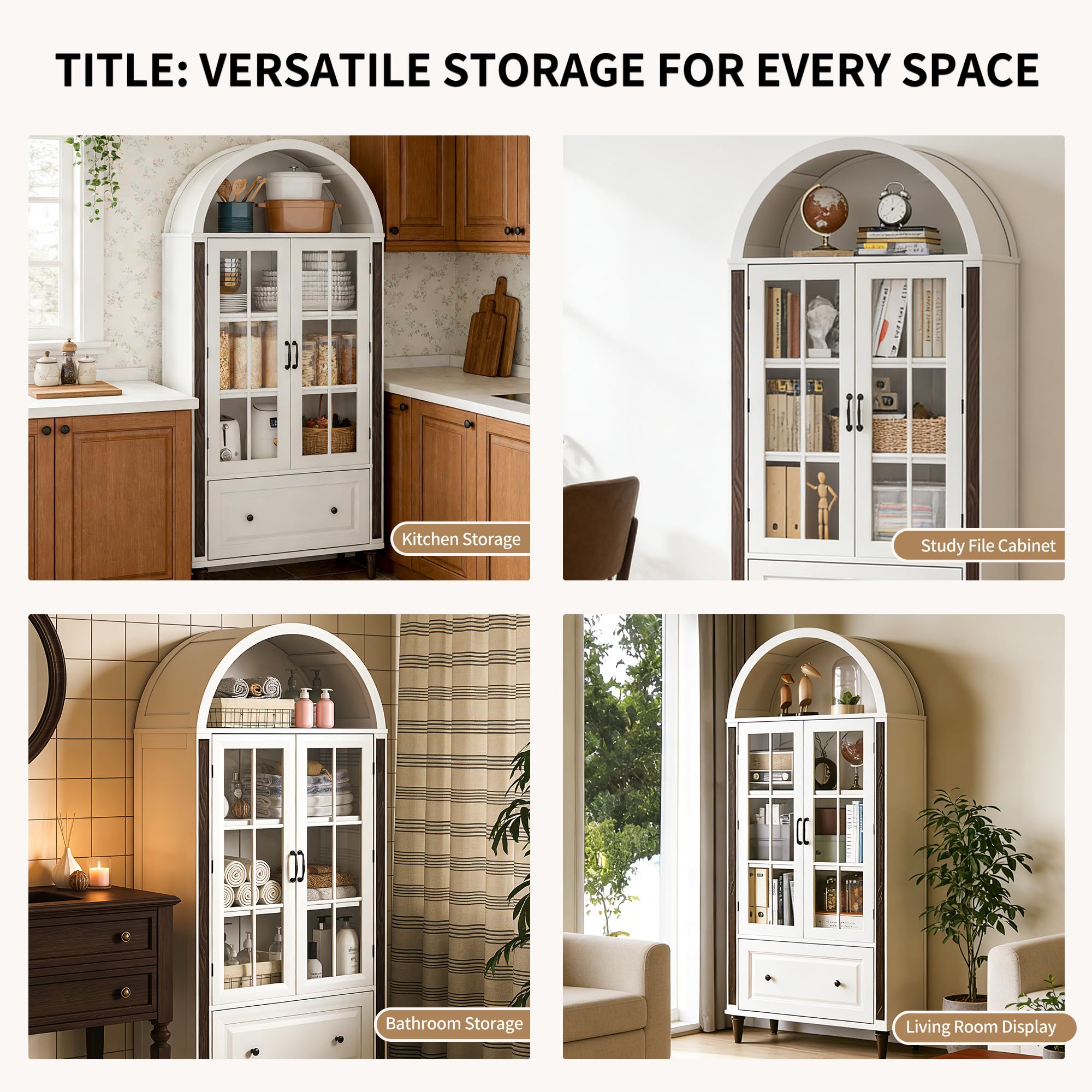 HOLCEPZN 71” Handcrafted Arched Bookcase, Filing Cabinet for Home Office, Wooden Display Cabinet with Glass Doors and Adjustable Shelves for Living Room, Dining Area, and Office, White