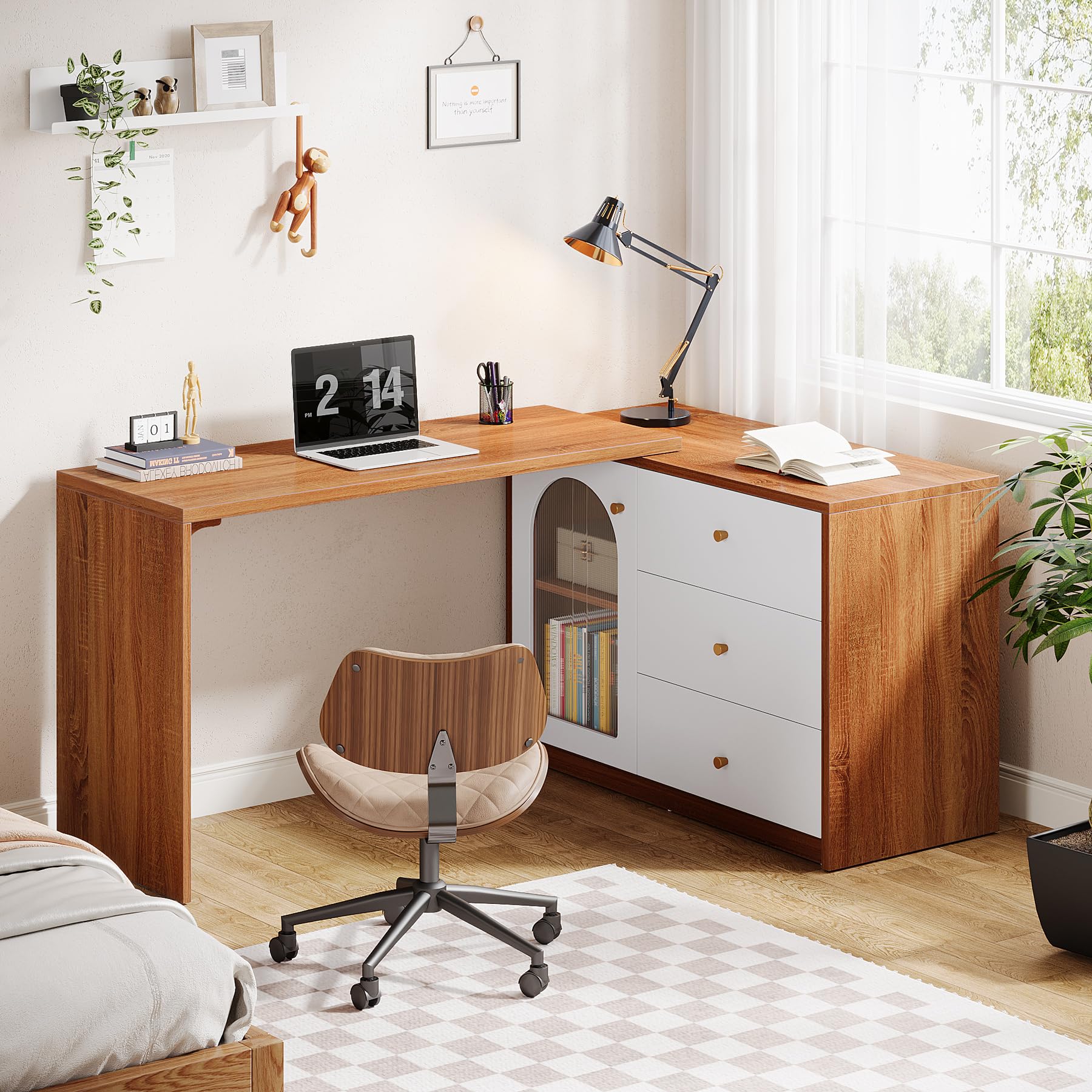 L-Shaped Computer Desk with Drawers and Reversible Storage Cabinet