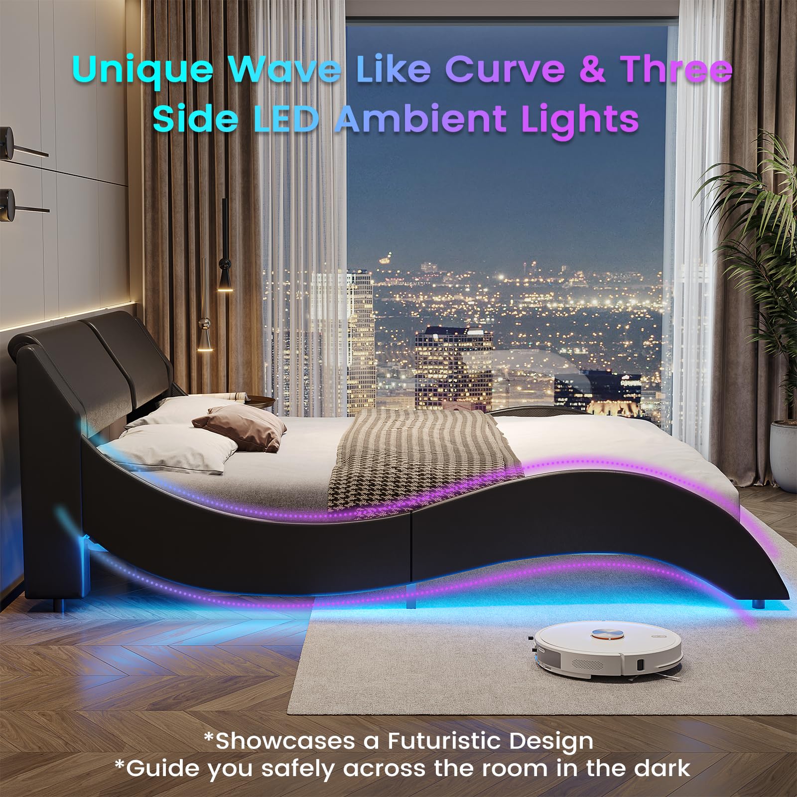 Queen Bed Frame with LED Lights and Charging Ports