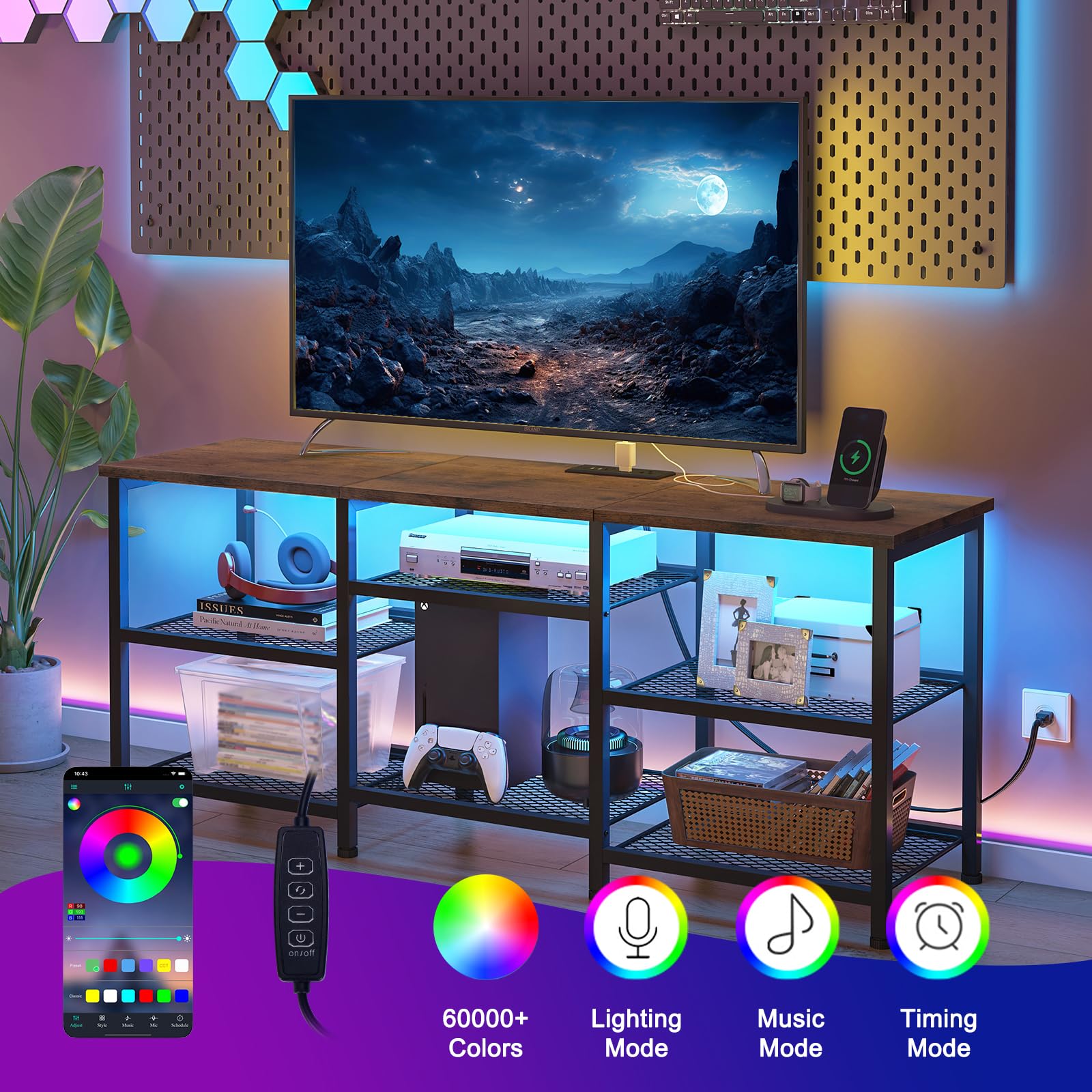 TV Stand with Charging Station and LED Lights