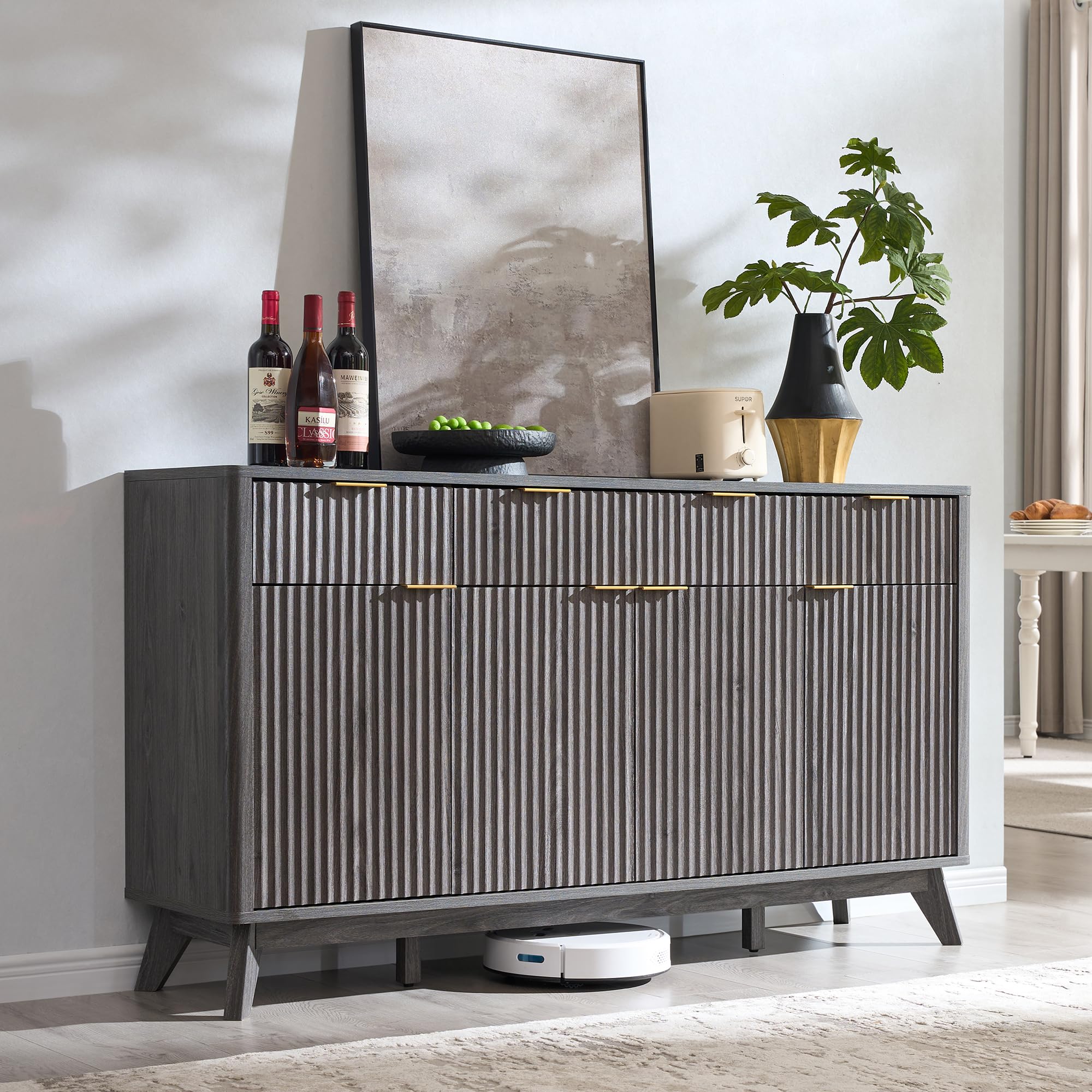 60" Fluted Buffet Sideboard Cabinet with 3 Drawers and 4 Doors