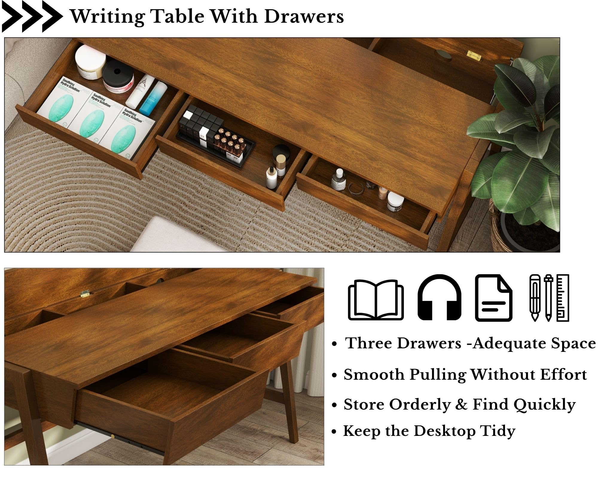 59-Inch Walnut Writing Desk with 3 Drawers