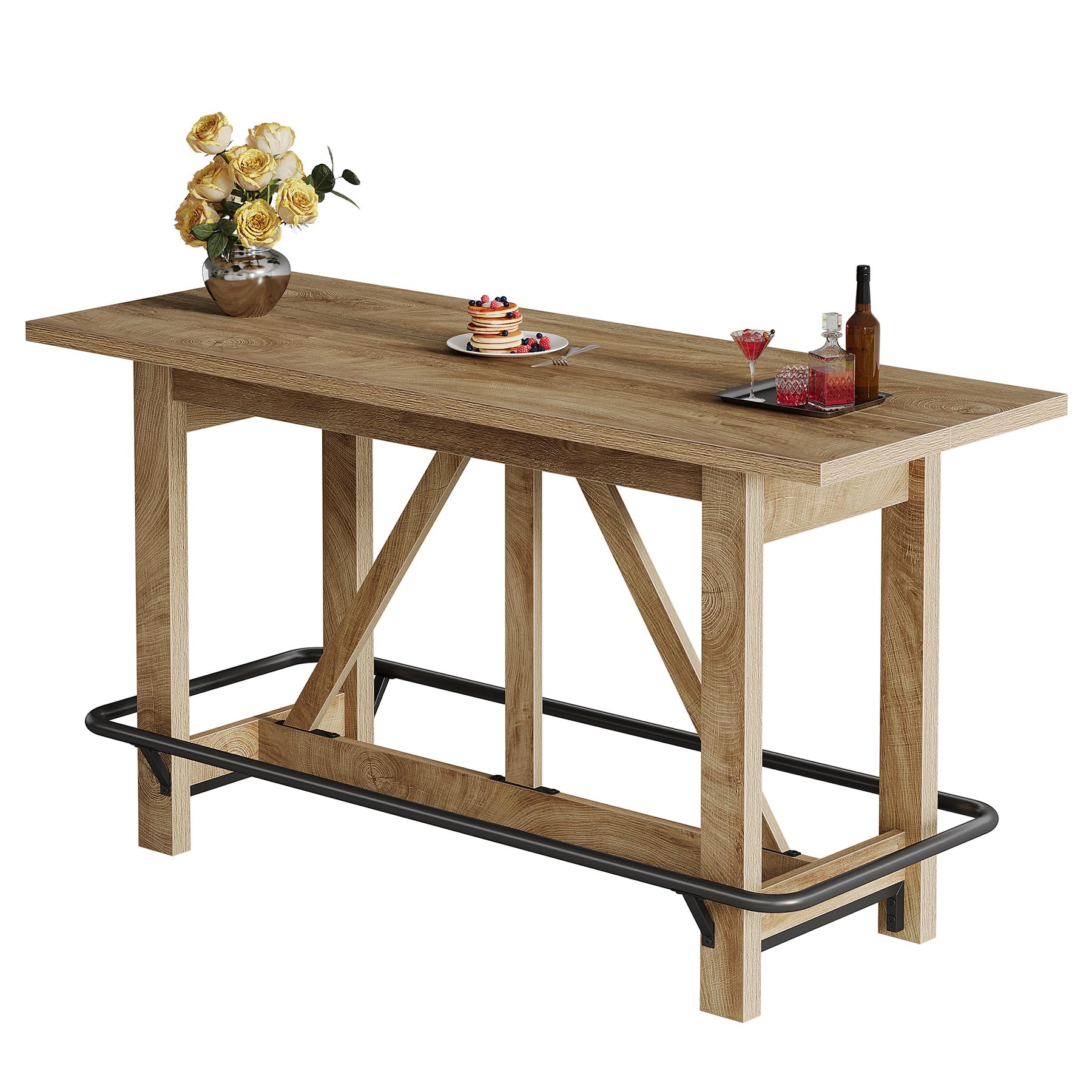 Tribesigns 63" Bar Table, Long Counter Height Pub Dining Table with Footrest, Home Bar Furniture for Bar, Kitchen & Dining Room, Living Room, Brown