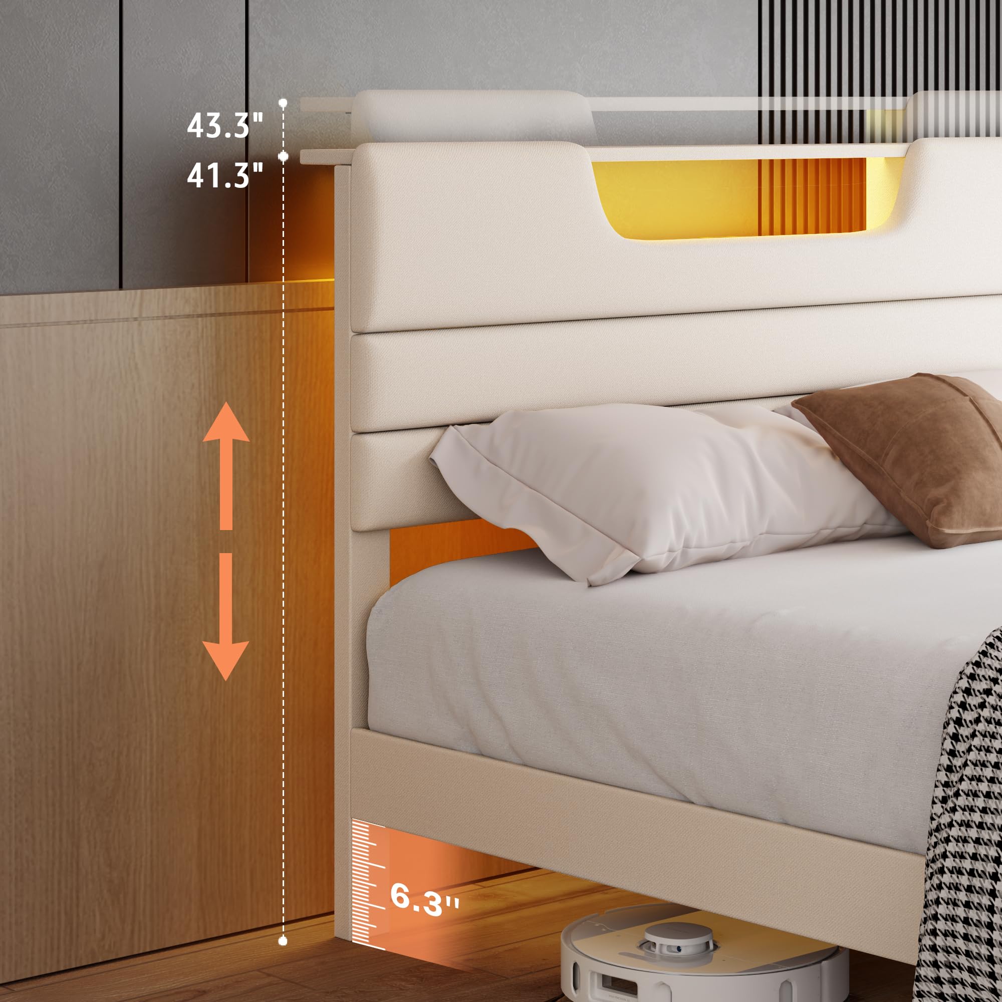 Queen Size Upholstered Platform Bed with LED Lights and Charging Station
