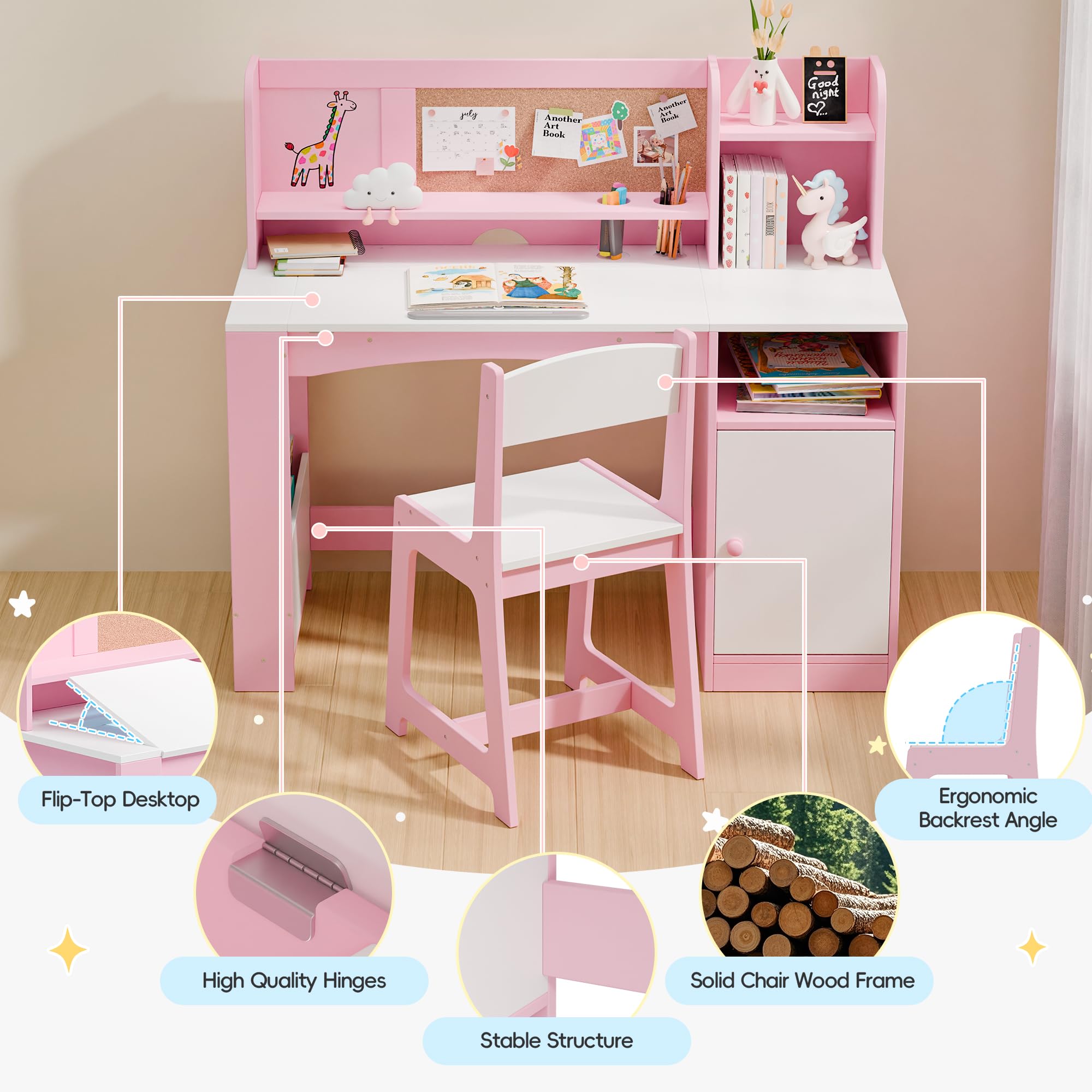 Kids Study Desk with Chair and Tiltable Desktop