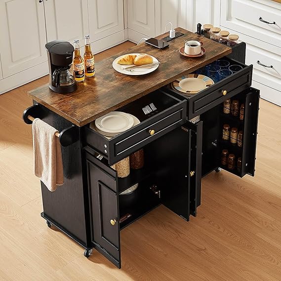 58" Mobile Kitchen Island Cart with Power Outlet