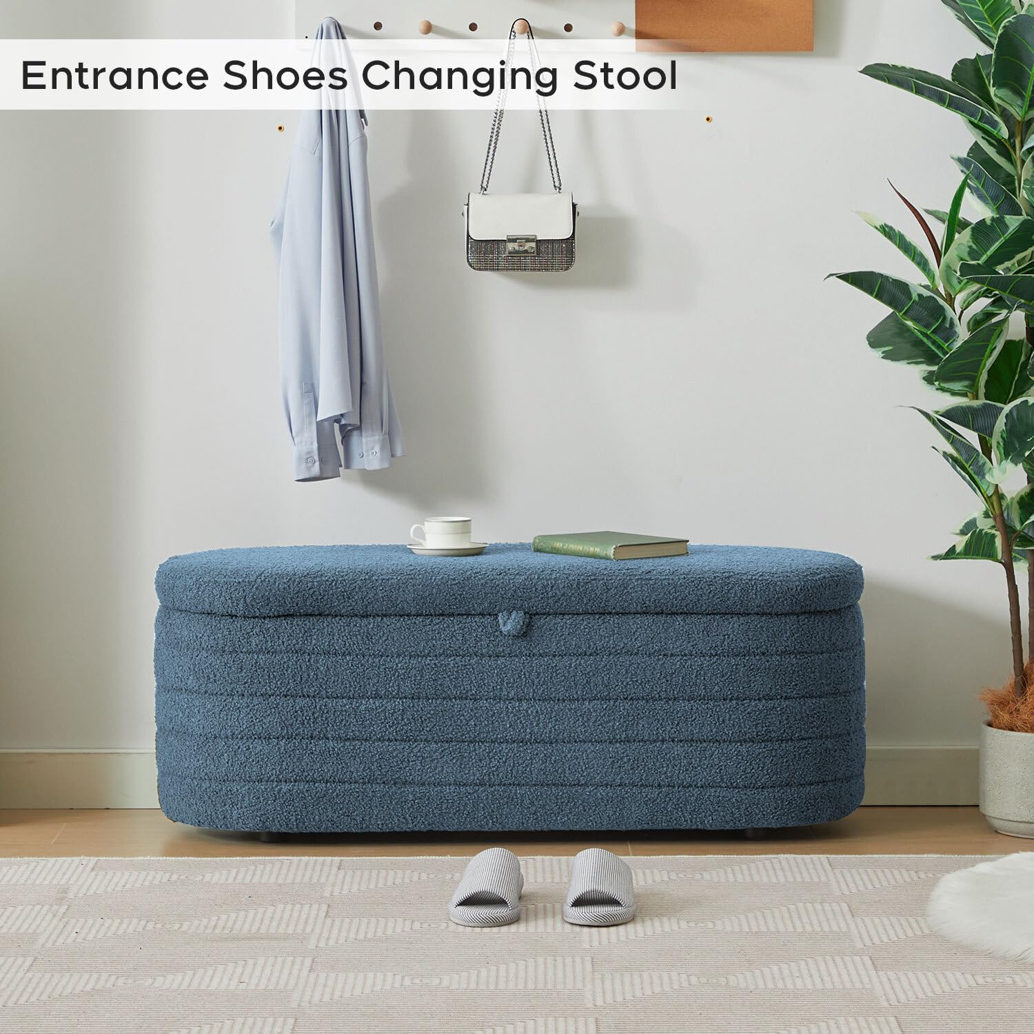 Upholstered Storage Ottoman Bench 45 Inch Blue Boucle