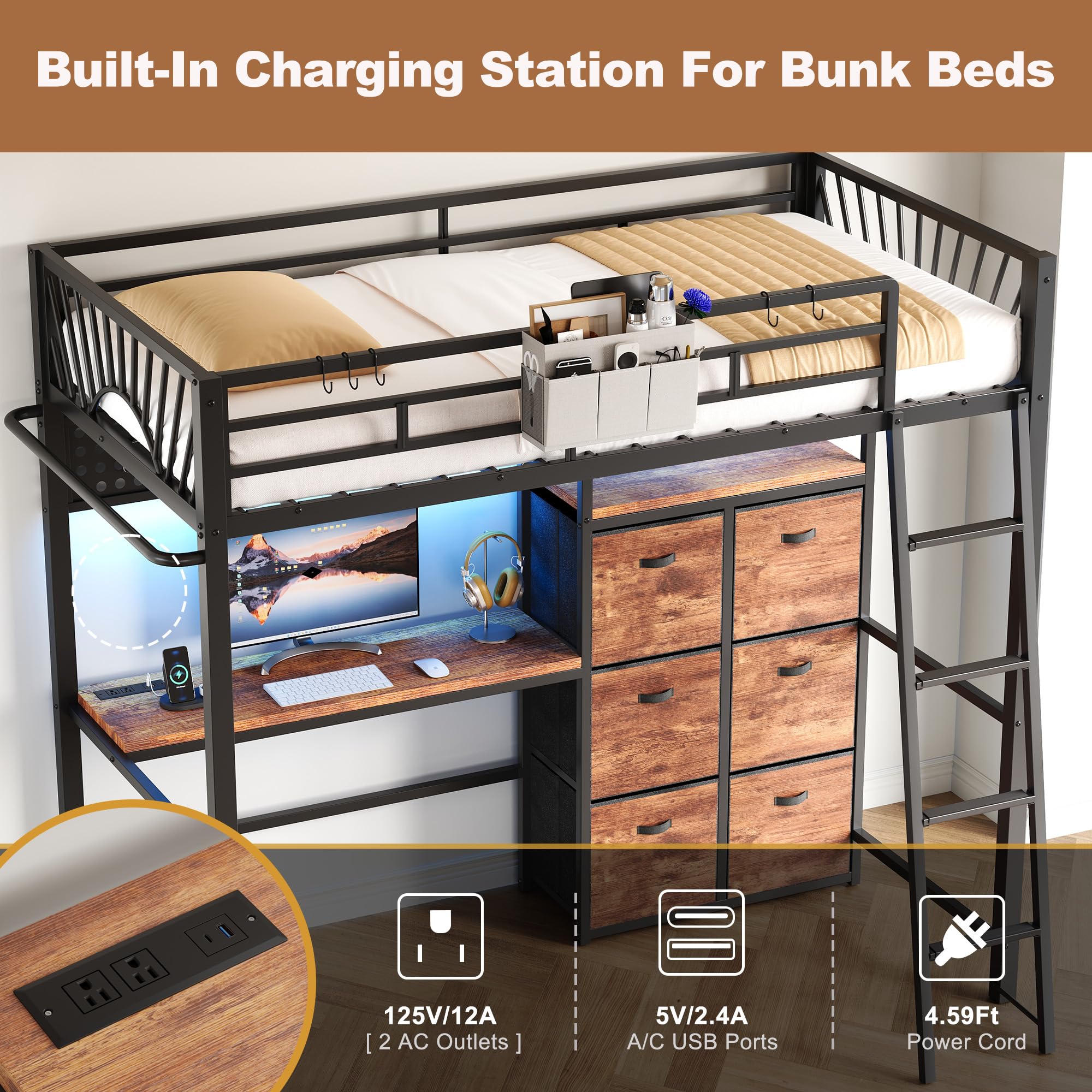 Twin Metal Loft Bed with Desk and Storage Cabinet