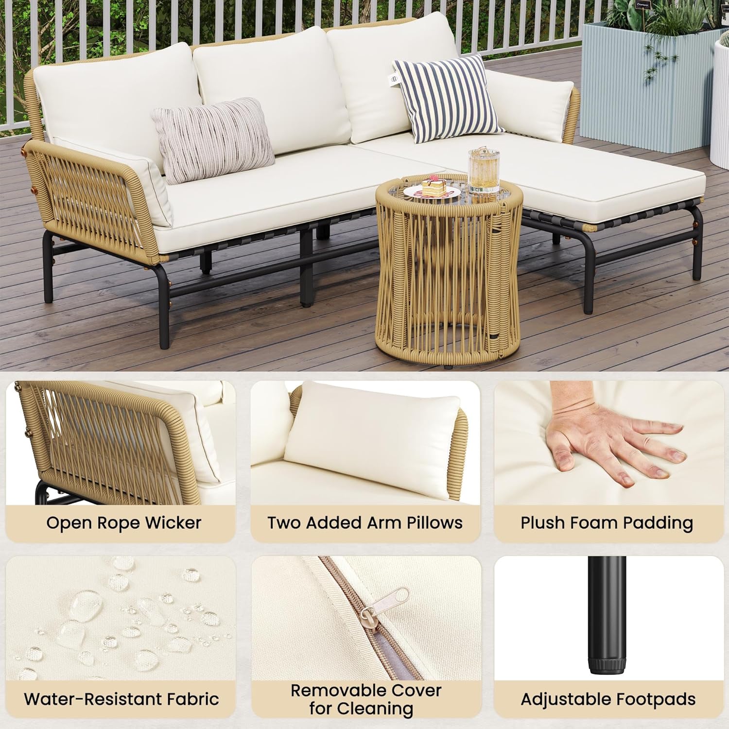 3-Piece L-Shaped Outdoor Patio Conversation Set