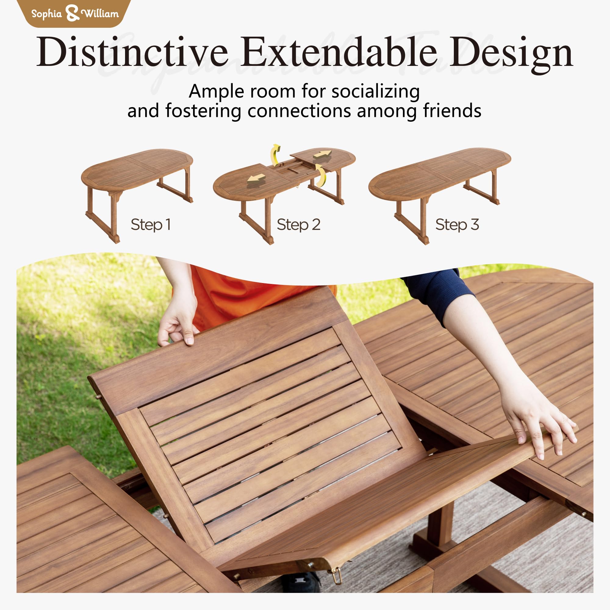 9-Piece Expandable Patio Dining Set with Acacia Wood Table and Rattan Chairs