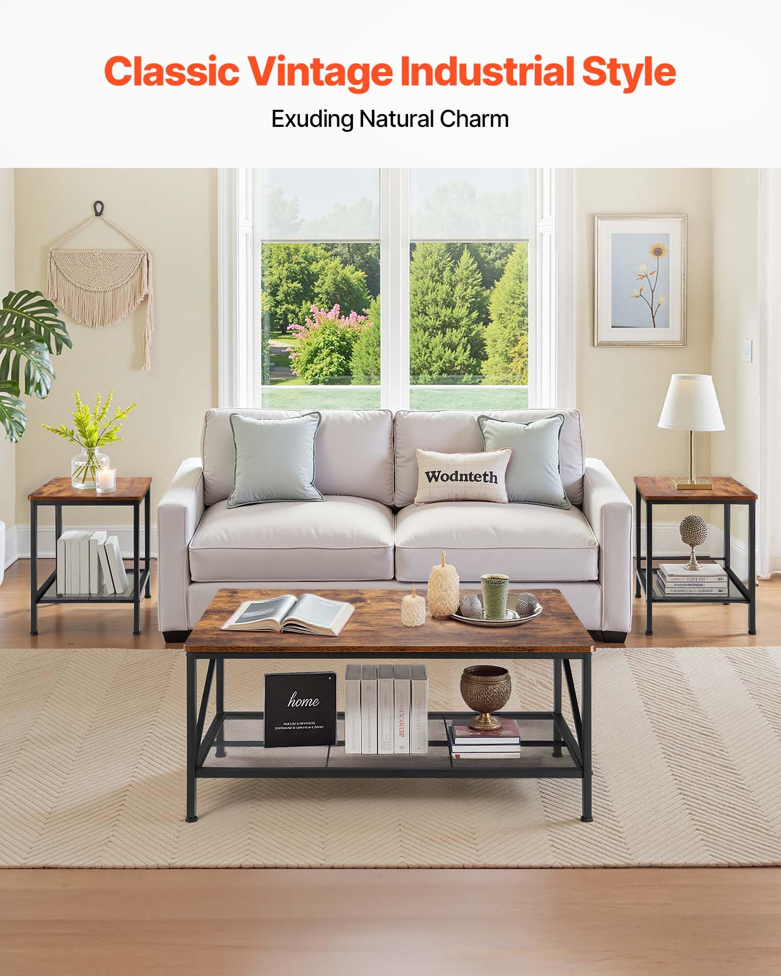 3-Piece Industrial Coffee Table Set with End Tables