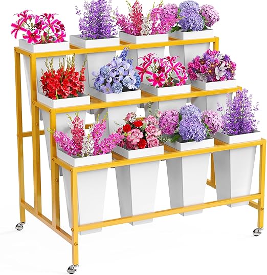 3-Tier Flower Display Stand with 12 Buckets and Wheels