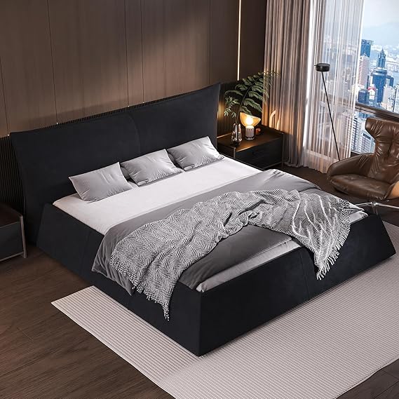 Queen Size Cloud Bed Frame with Oversized Velvet Headboard