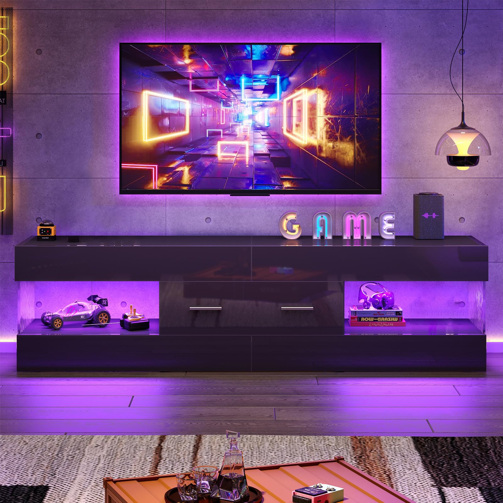 Black TV Stand for 55-65 Inch TV with LED Lights