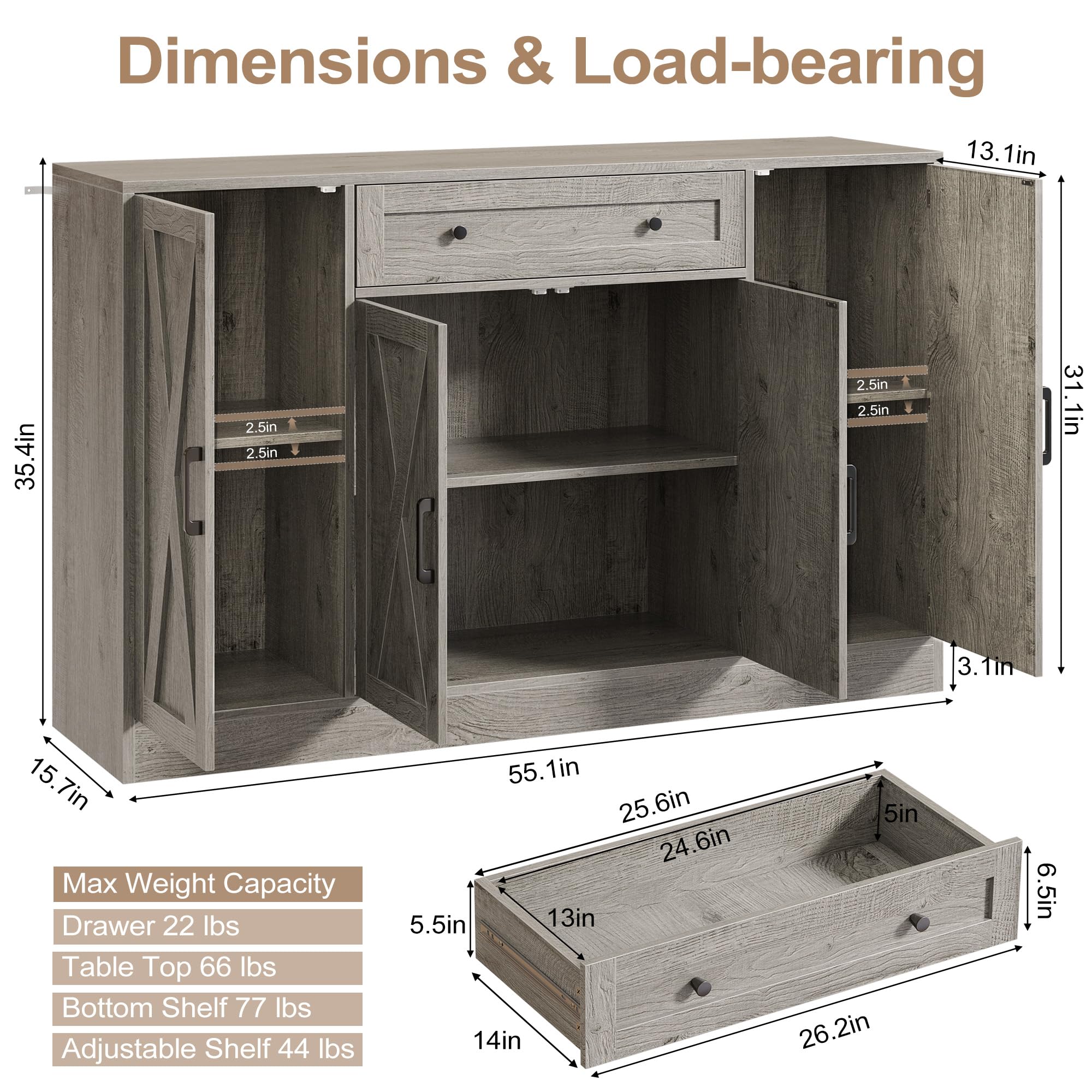 55 Inch Buffet Cabinet with Storage and Drawer