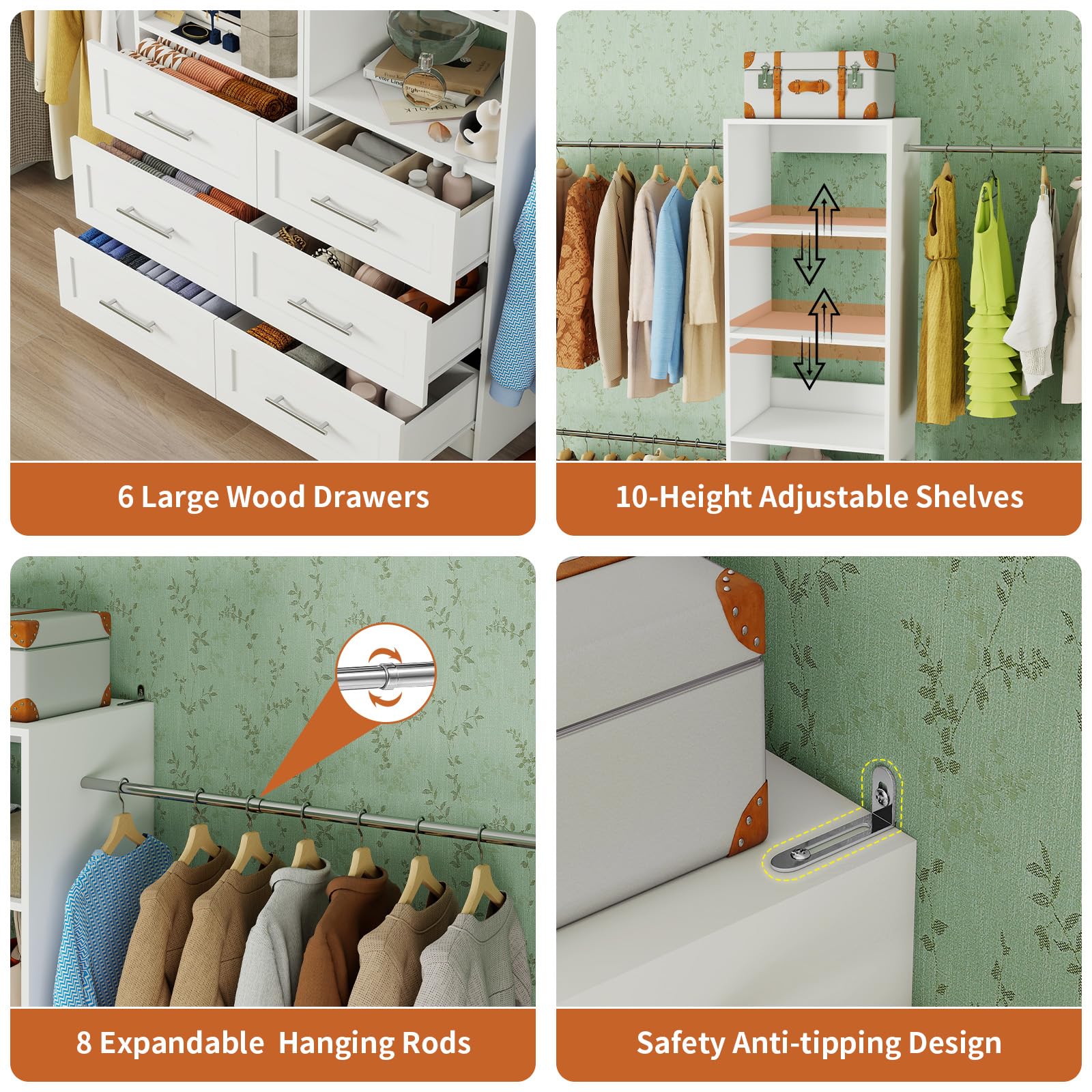 Closet Organizer System with 6 Drawers and 8 Hanging Rods