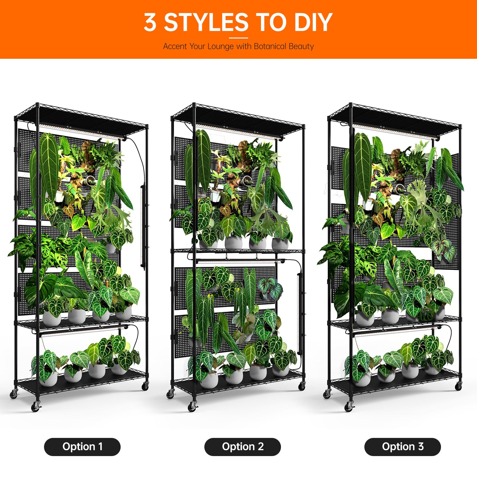 3-Tier Plant Shelf with Grow Lights and Pegboard