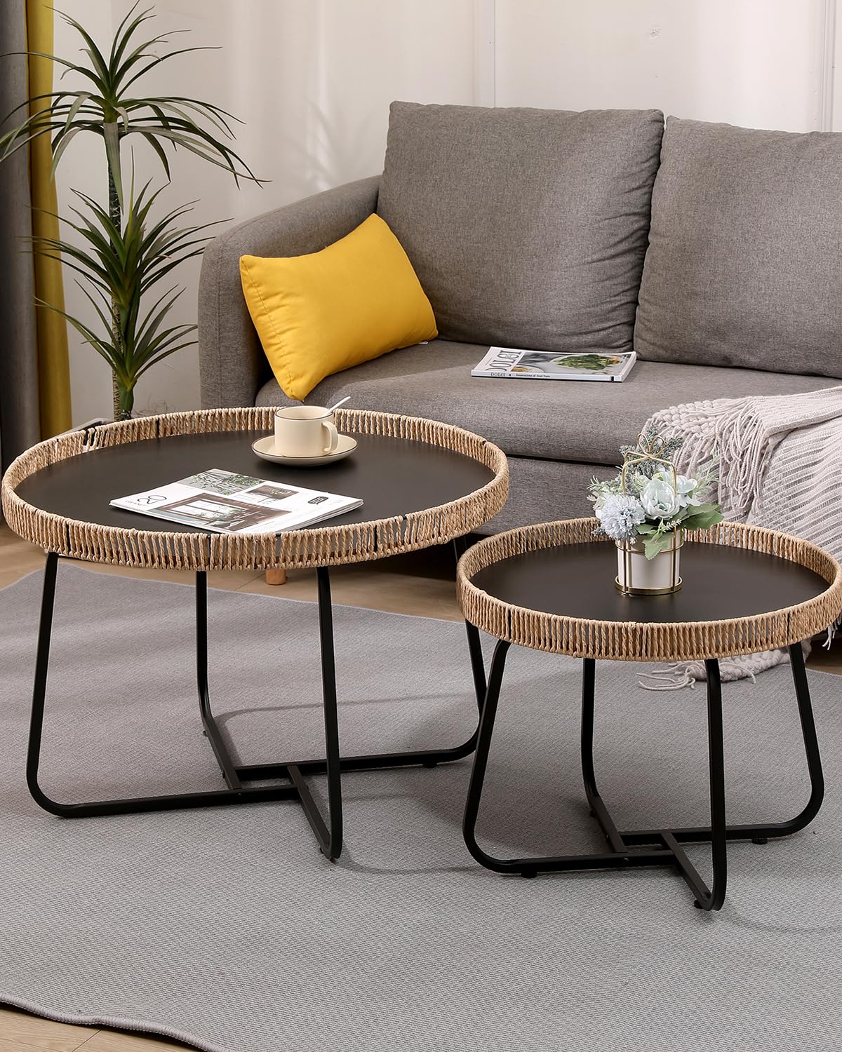 Small Round Nesting Coffee Table Set of 2 with Metal Frame