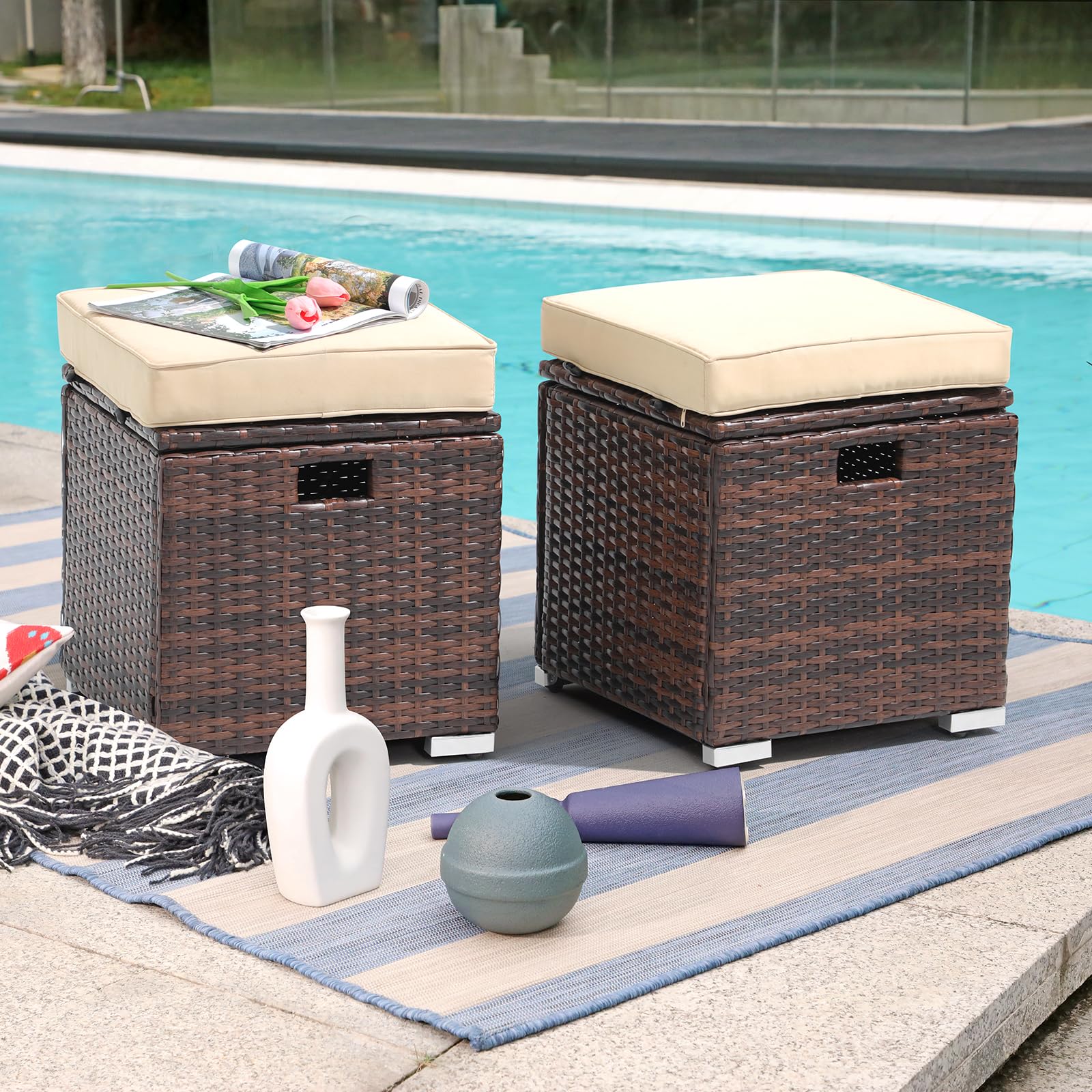 2-Piece Outdoor Patio Storage Ottoman Set - Beige Rattan Wicker