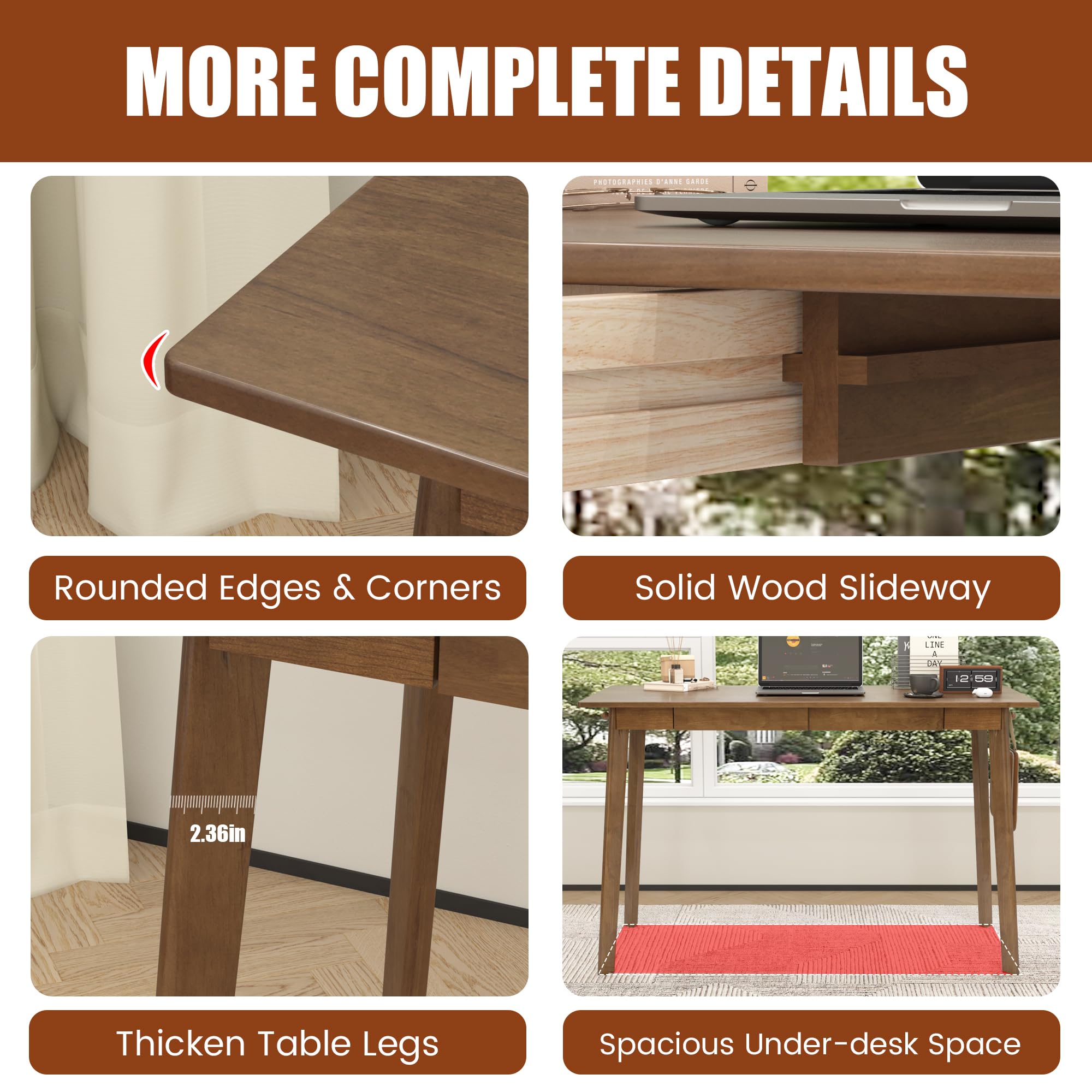 48-Inch Solid Wood Desk with Drawers and Hooks