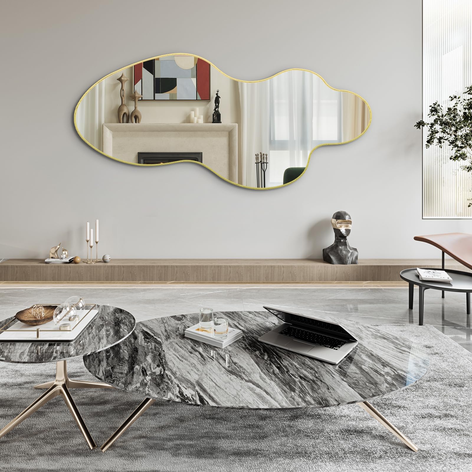 Irregular Asymmetrical Wall Mirror 55x26 with Gold Metal Frame