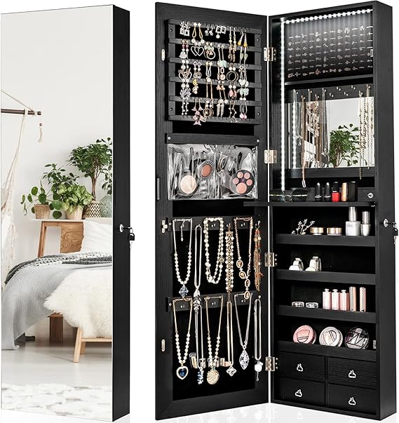 LED Strip Jewelry Armoire with Full Length Mirror