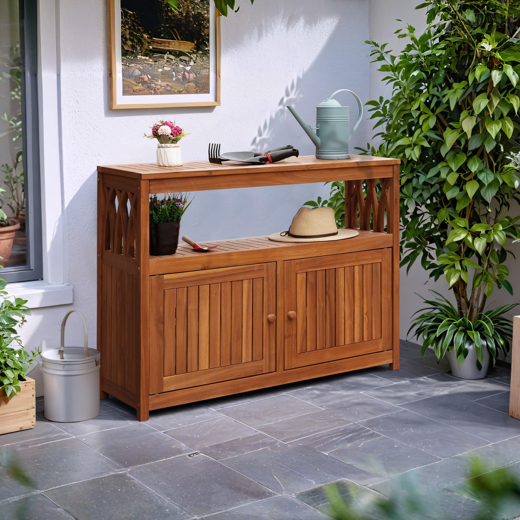 Outdoor Storage Cabinet Weatherproof Acacia Wood with Magnetic Doors