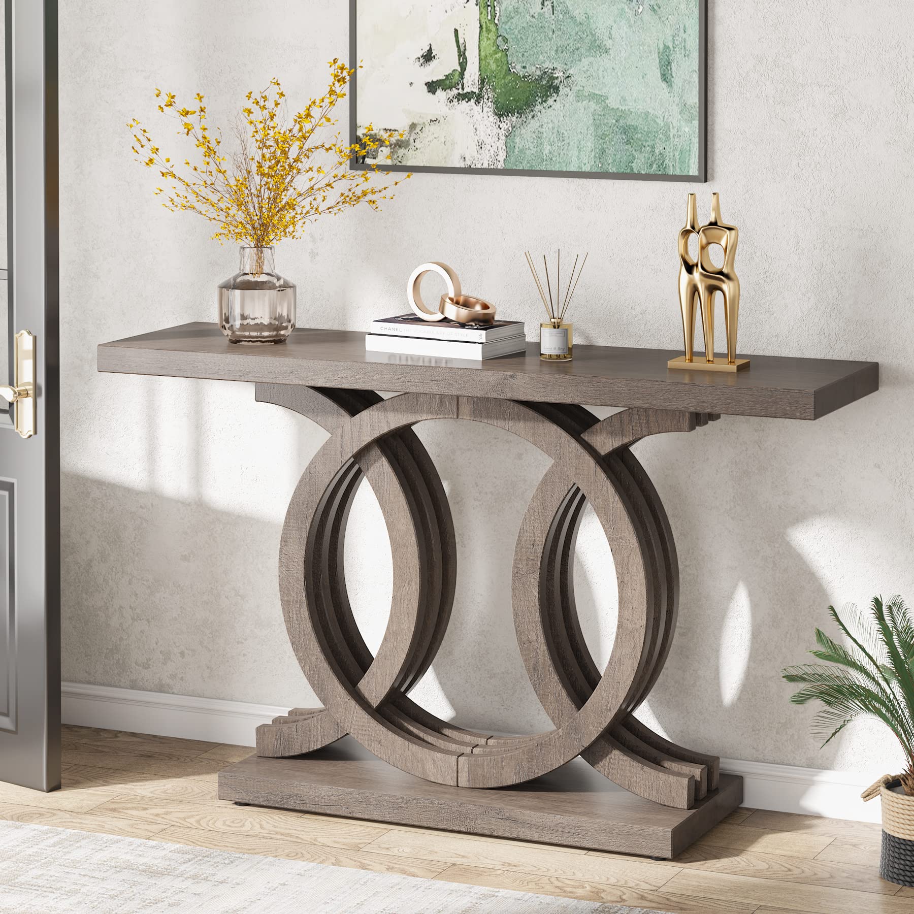 55" Wooden Console Table with Geometric Base