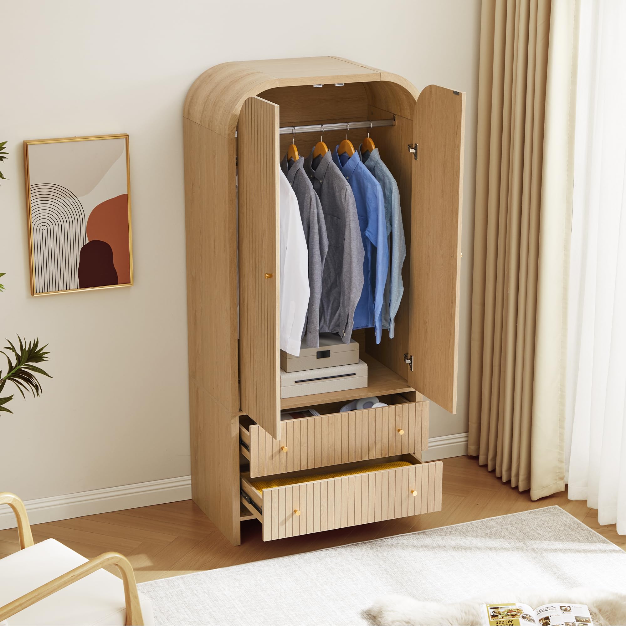 Arched Armoire Wardrobe with Hanging Rod and 2 Drawers